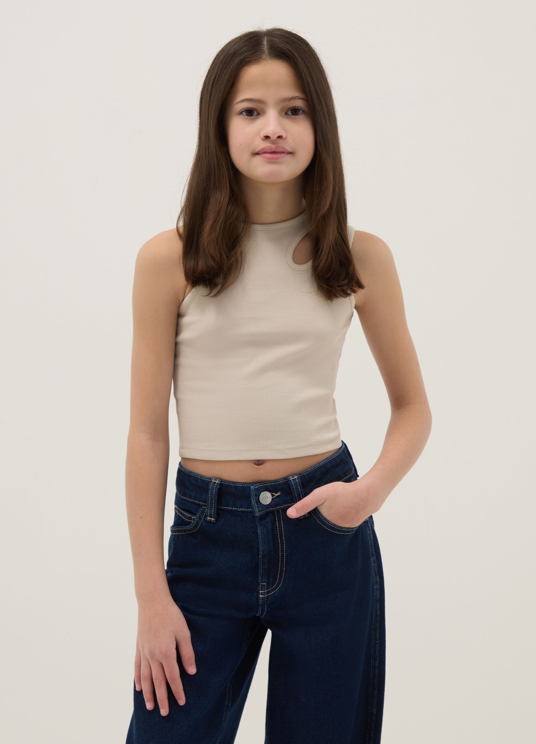 Girls' beige fitted cotton stretch tank top