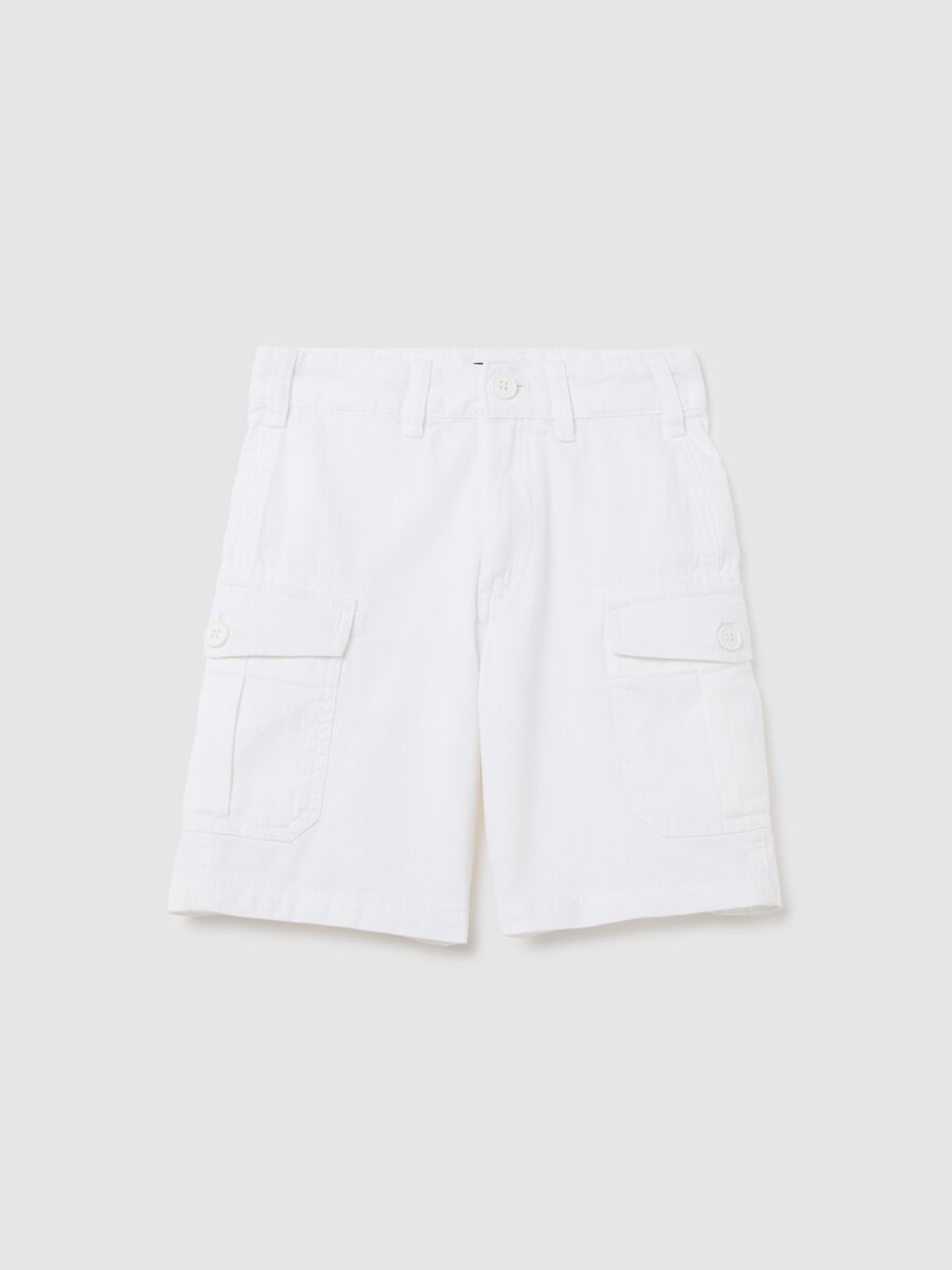 Children's white regular fit cotton cargo bermuda shorts with side pockets_0