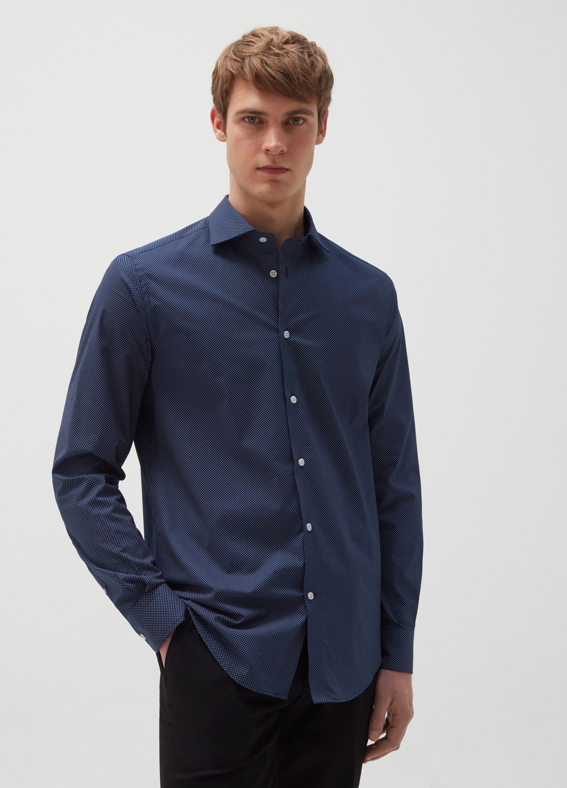 Slim-fit shirt in stretch cotton with micro pattern