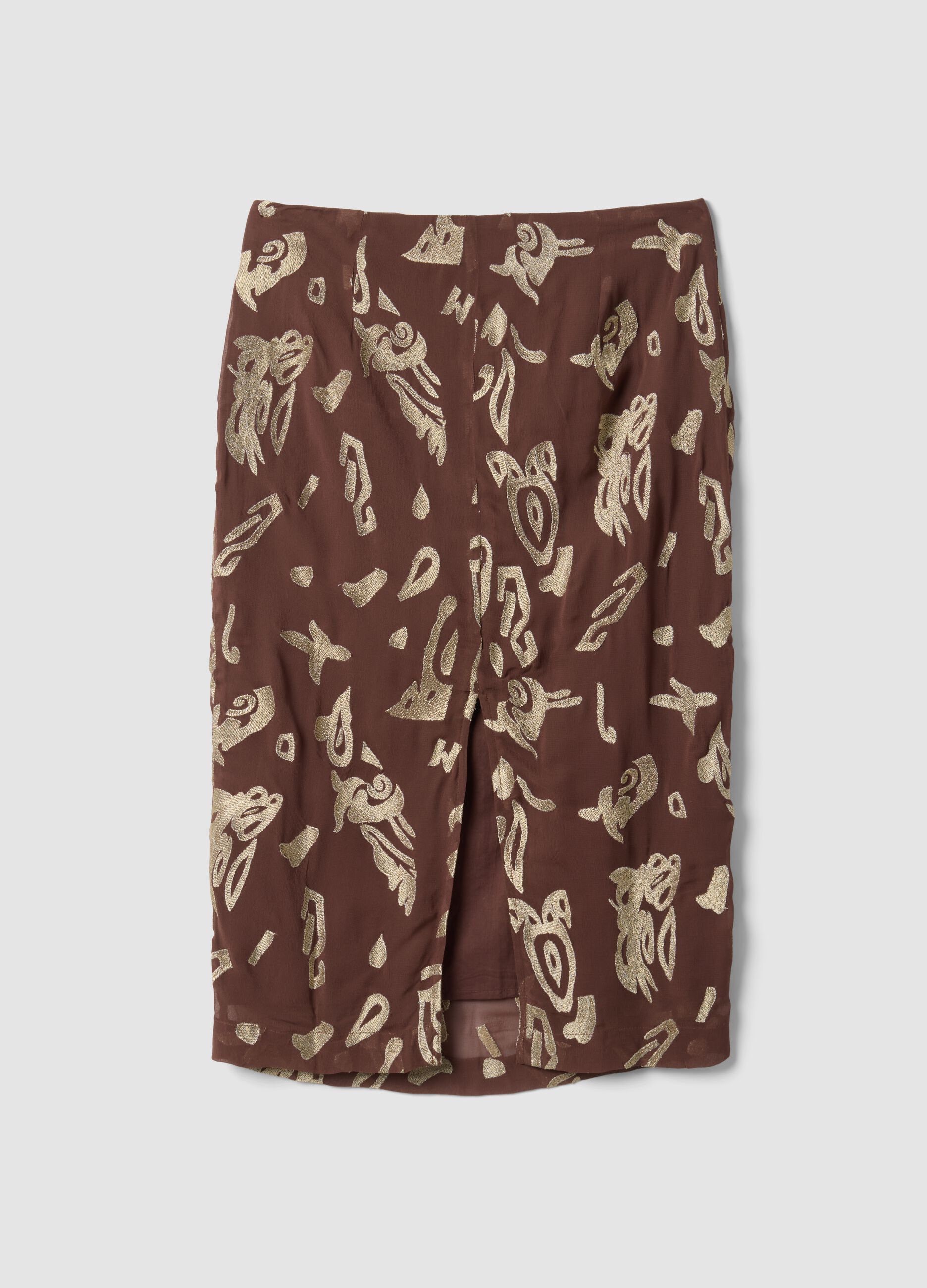 Brown midi skirt in pure viscose with embroidered motif
