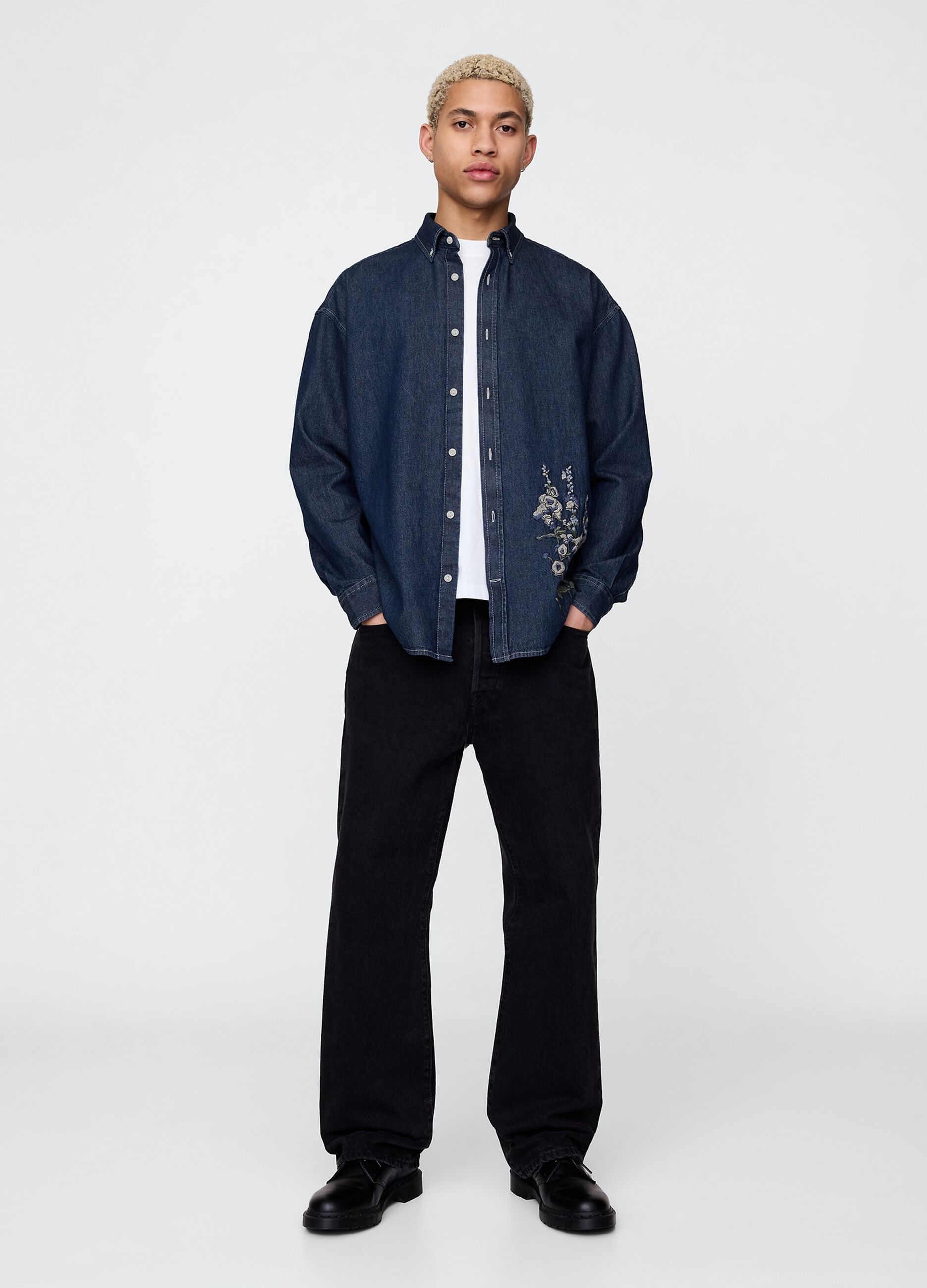 Embroidered Denim Shirt with Flowers