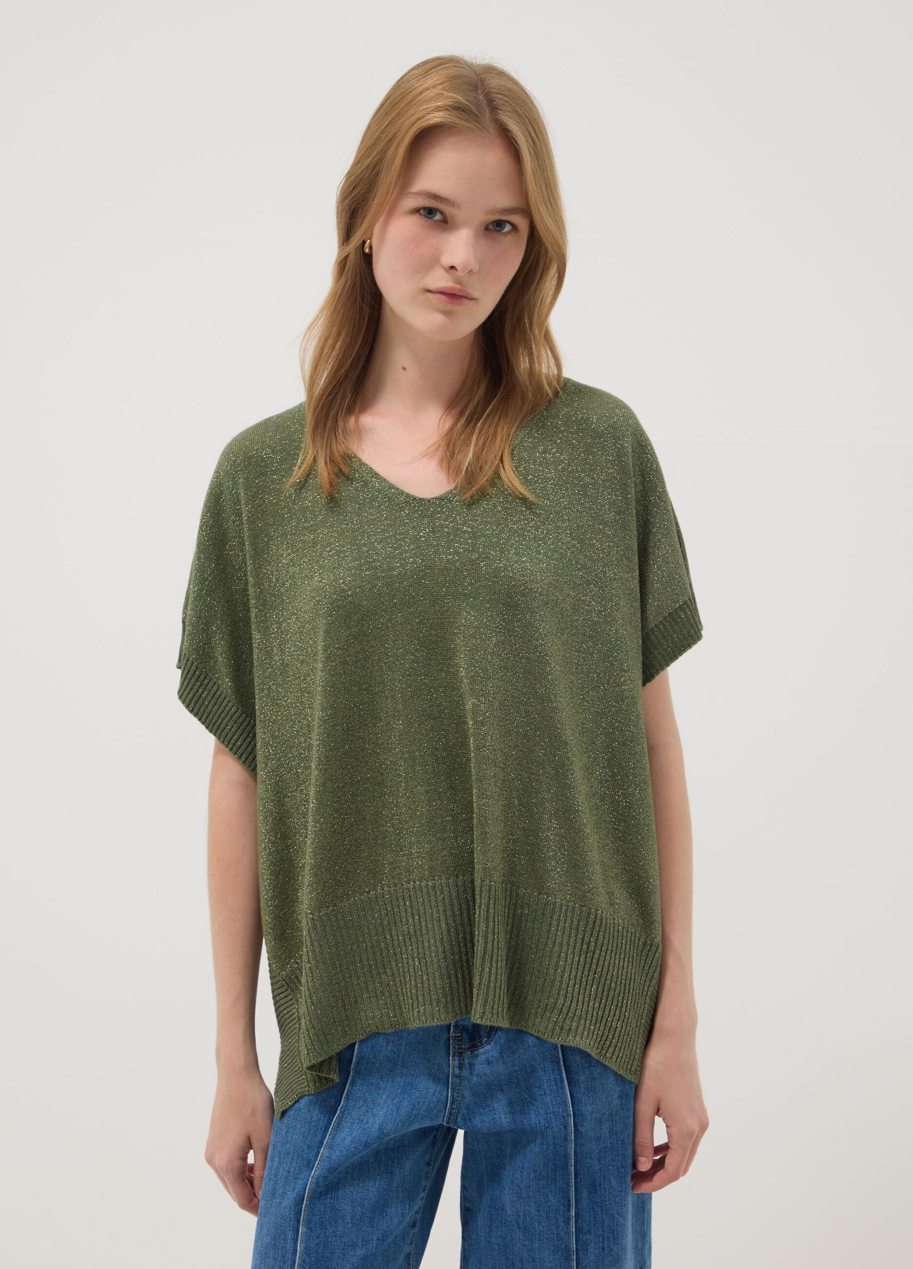 Green modal-blend V-neck top