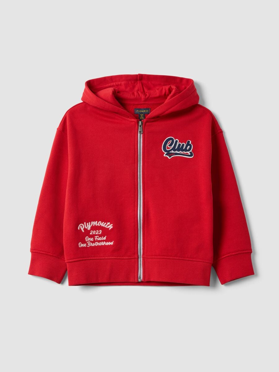 Red organic cotton hoodie with embroidered details, oversized fit, for boys_3