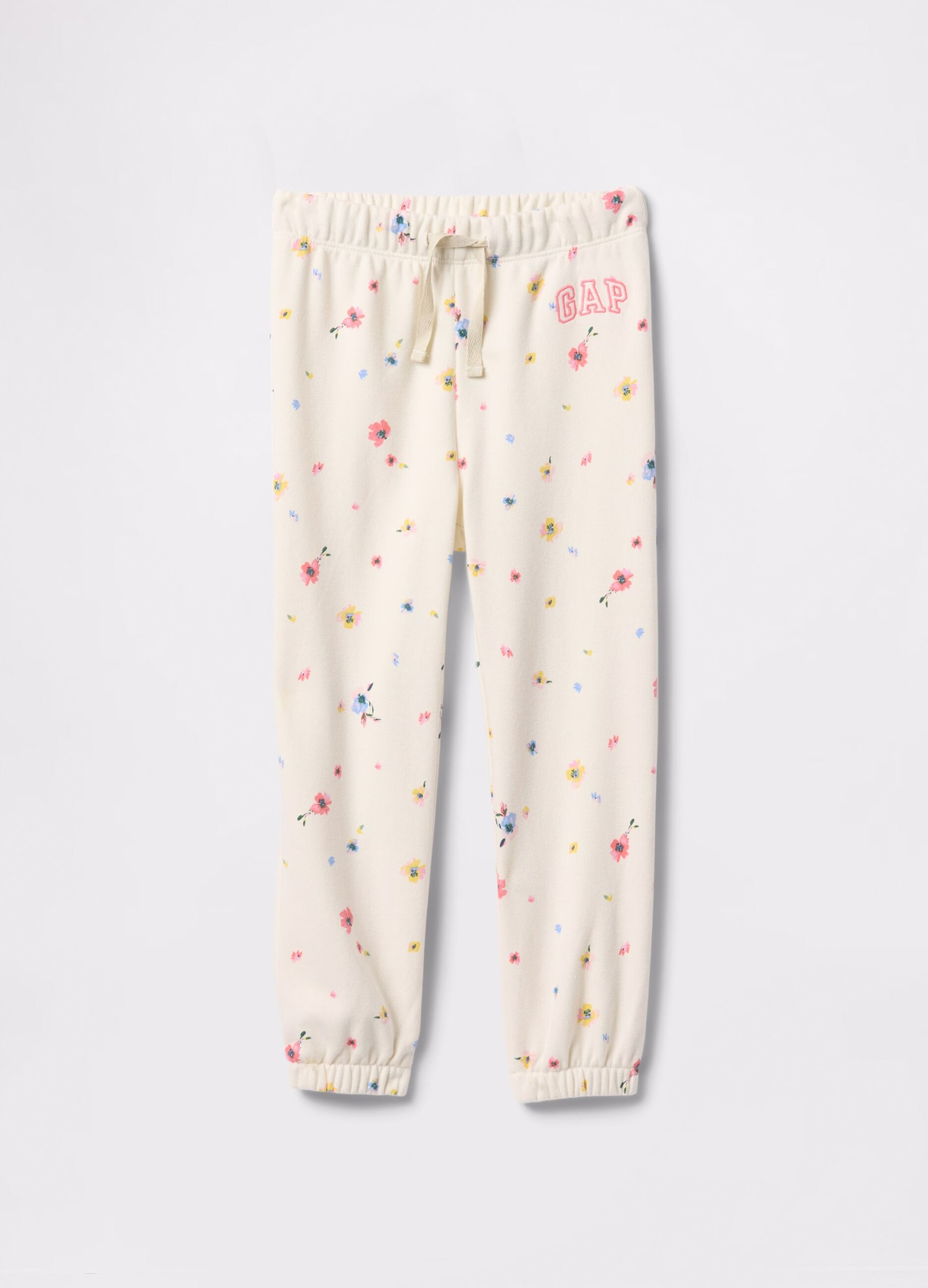 White joggers with drawstring, logo embroidery and flowers print