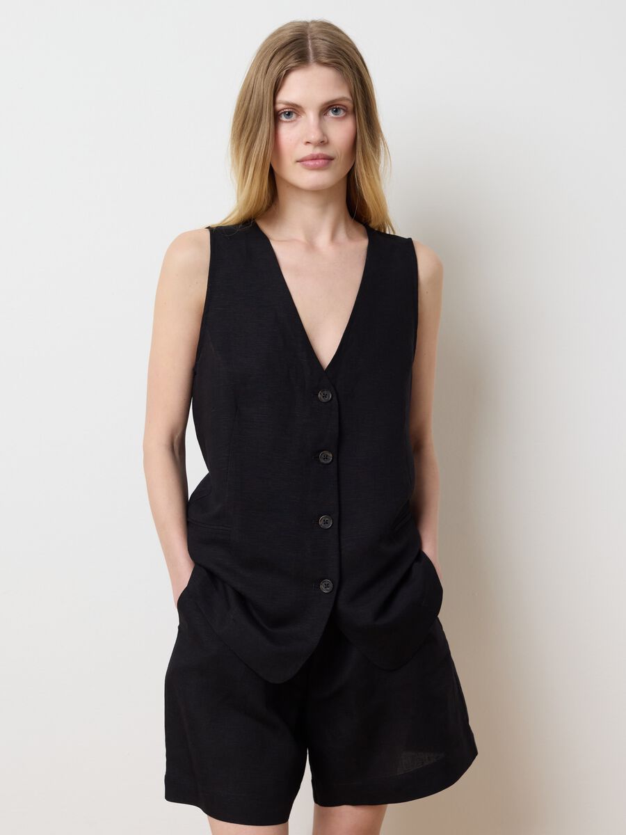 Black gilet in linen and viscose_1