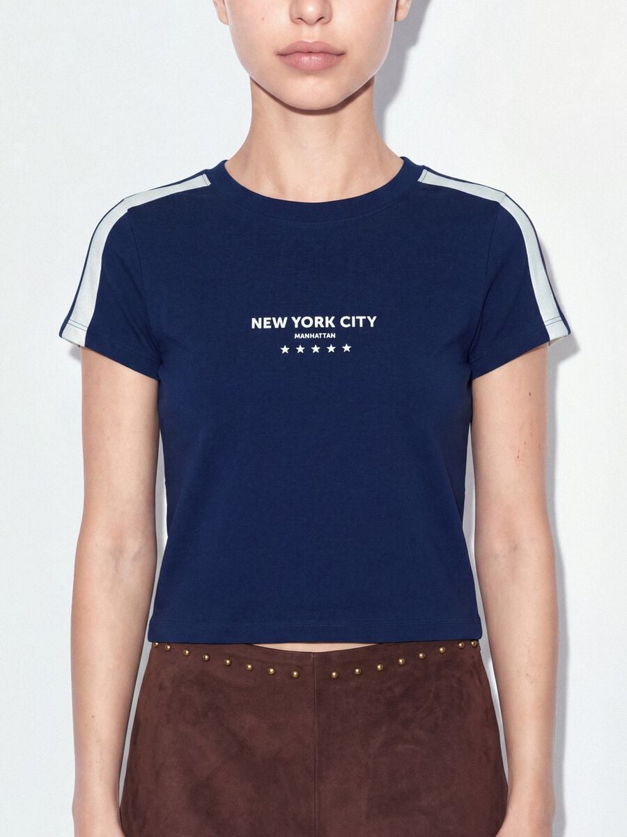 T-shirt blu in puro cotone con girocollo e stampa New York City_3