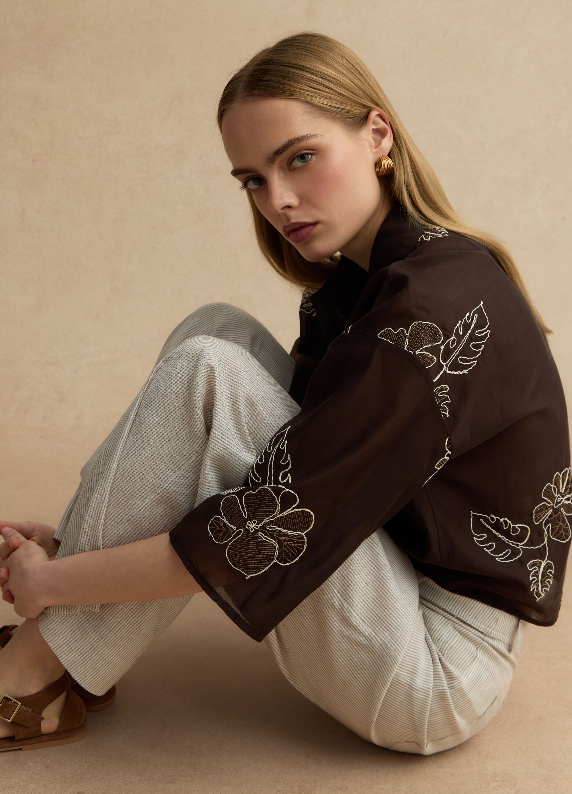 Regular Fit Brown Lyocell Blend Shirt with Floral Embroidery
