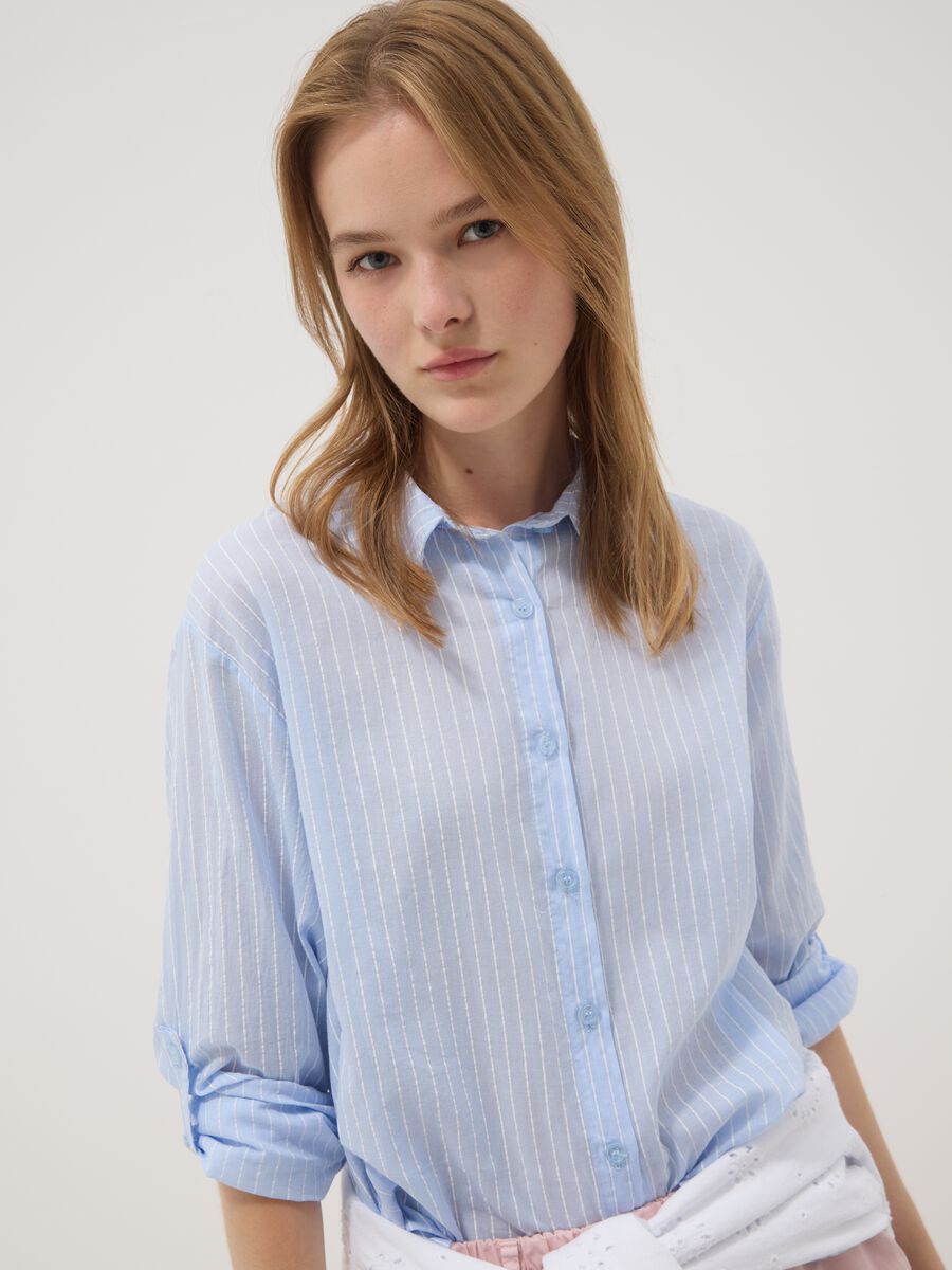 Blue striped pure cotton regular fit shirt_0
