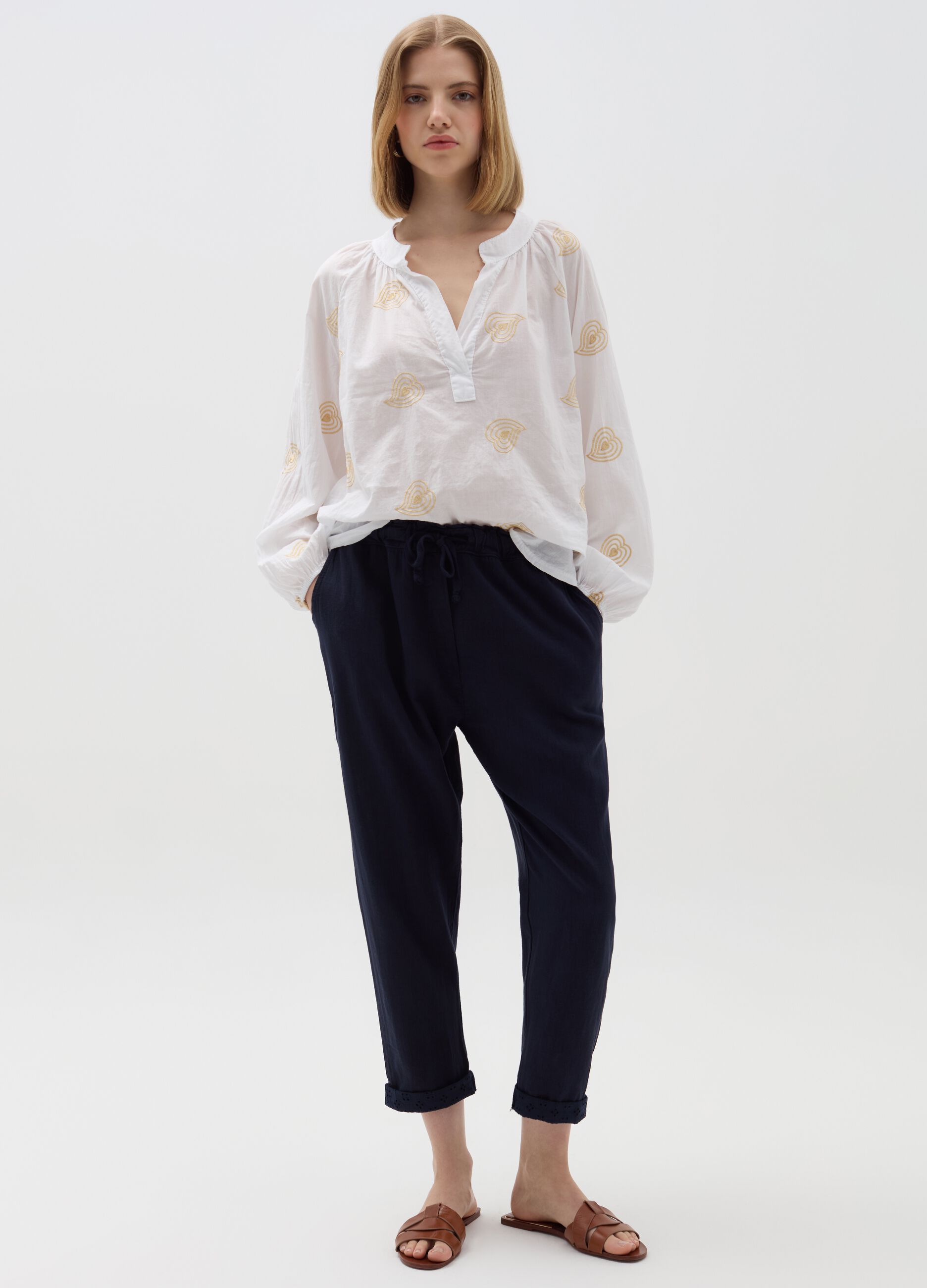 Crop joggers with turn ups in broderie anglaise