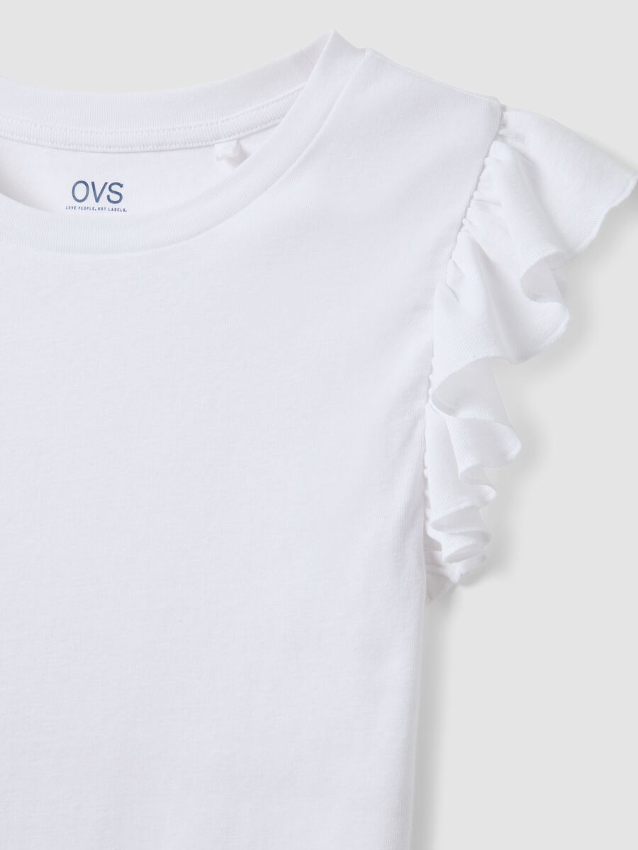 White pure cotton slim fit T-shirt with ruffles_5