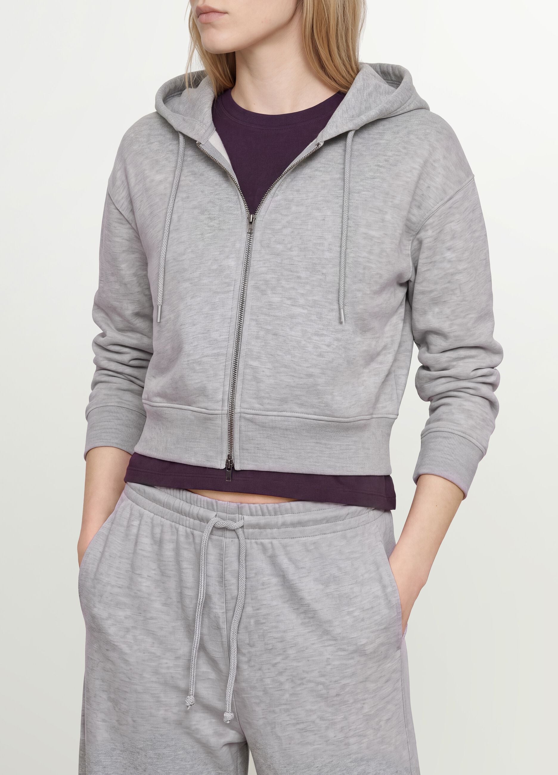 Grey full-zip cotton-blend hoodie, fitted