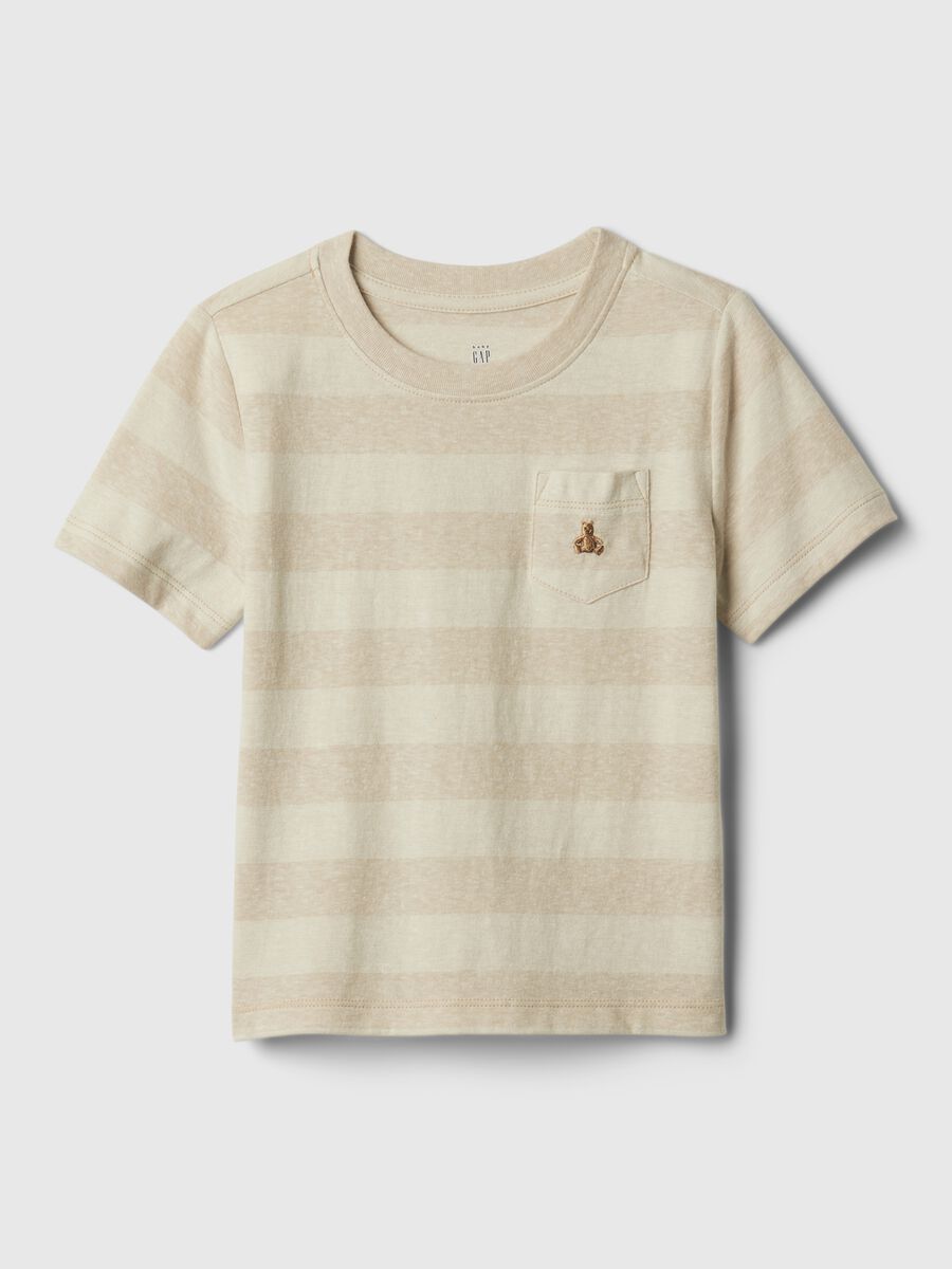 Striped T-shirt with pocket and teddy bear embroidery_0