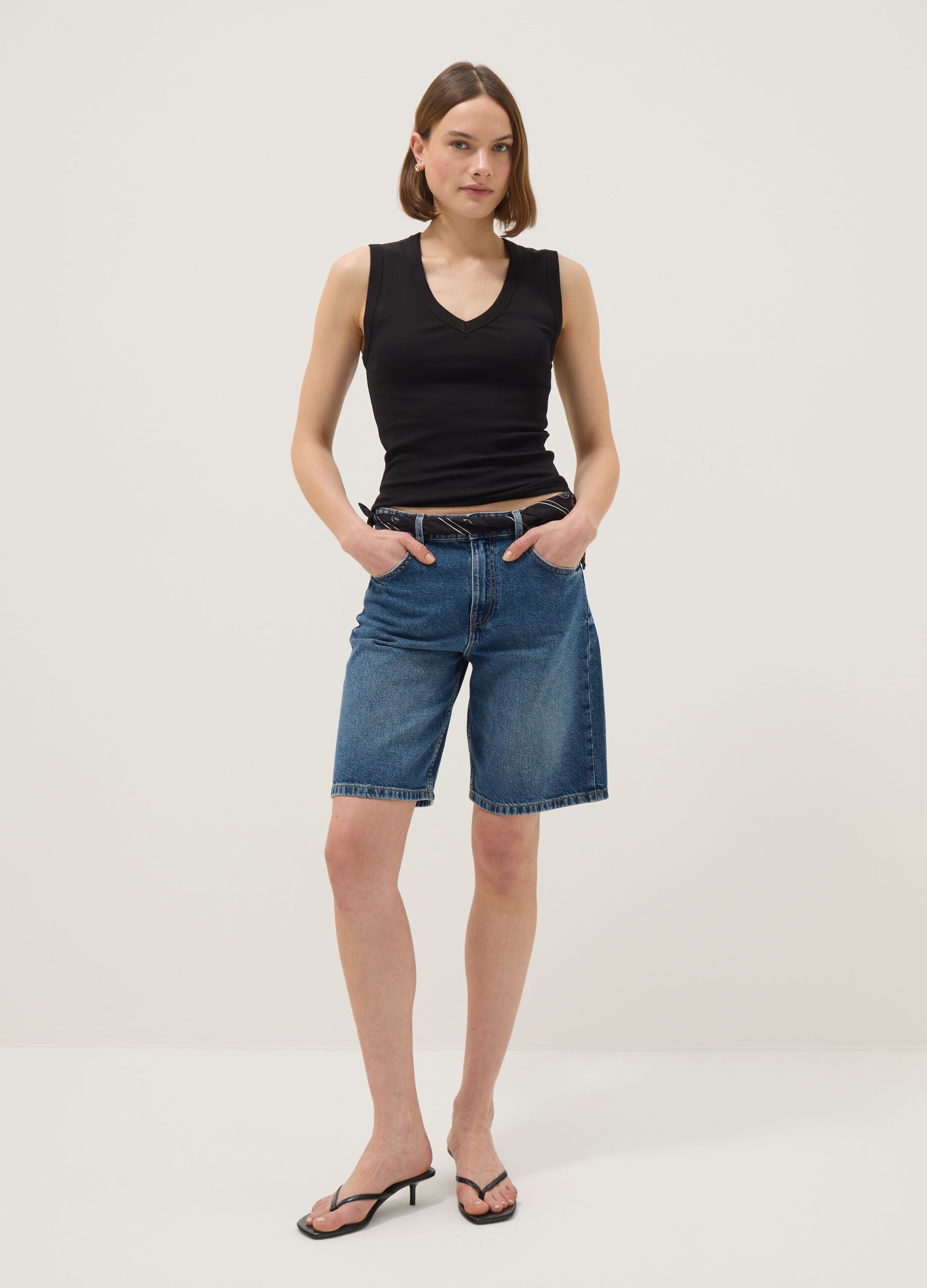 Dark blue denim pure cotton wide-leg shorts