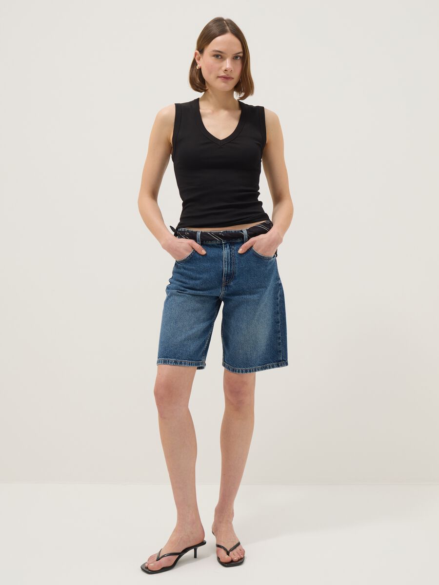 Dark blue denim pure cotton wide-leg shorts_0
