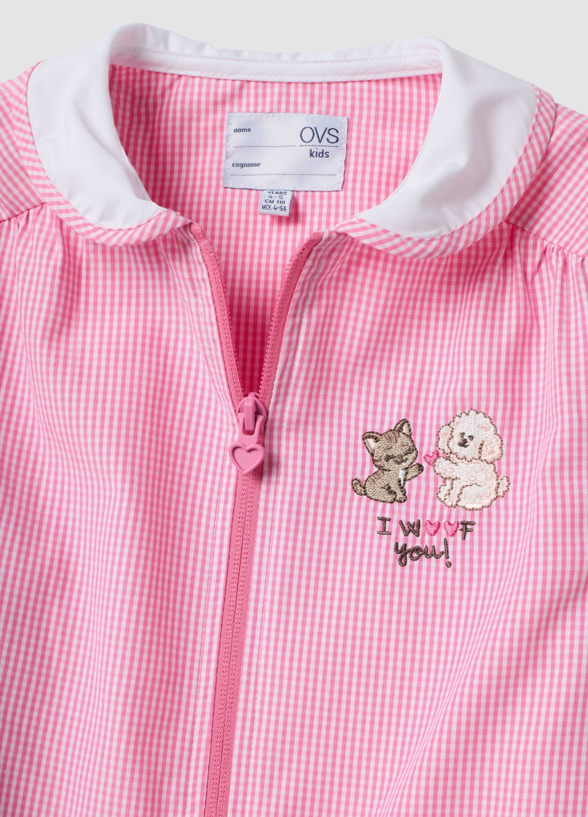 Pink gingham nursery smock with zip and cute animal embroidery