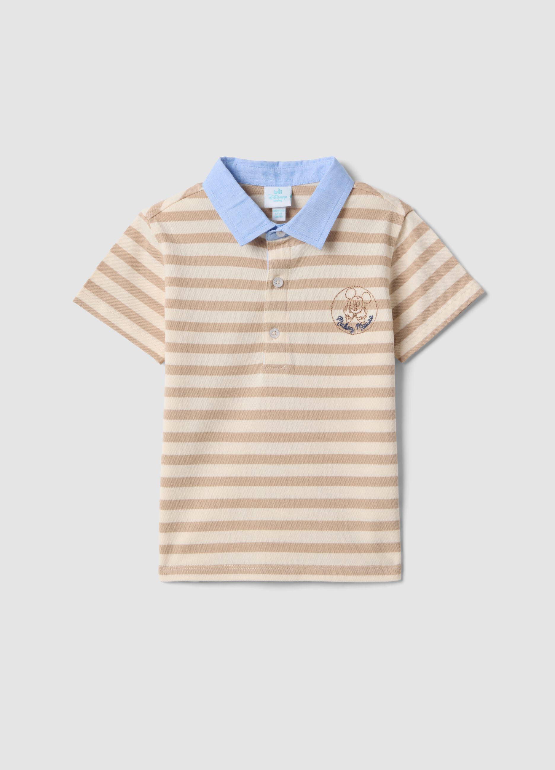 Multicolor Striped Stretch Cotton Polo with Mickey Mouse Embroidery