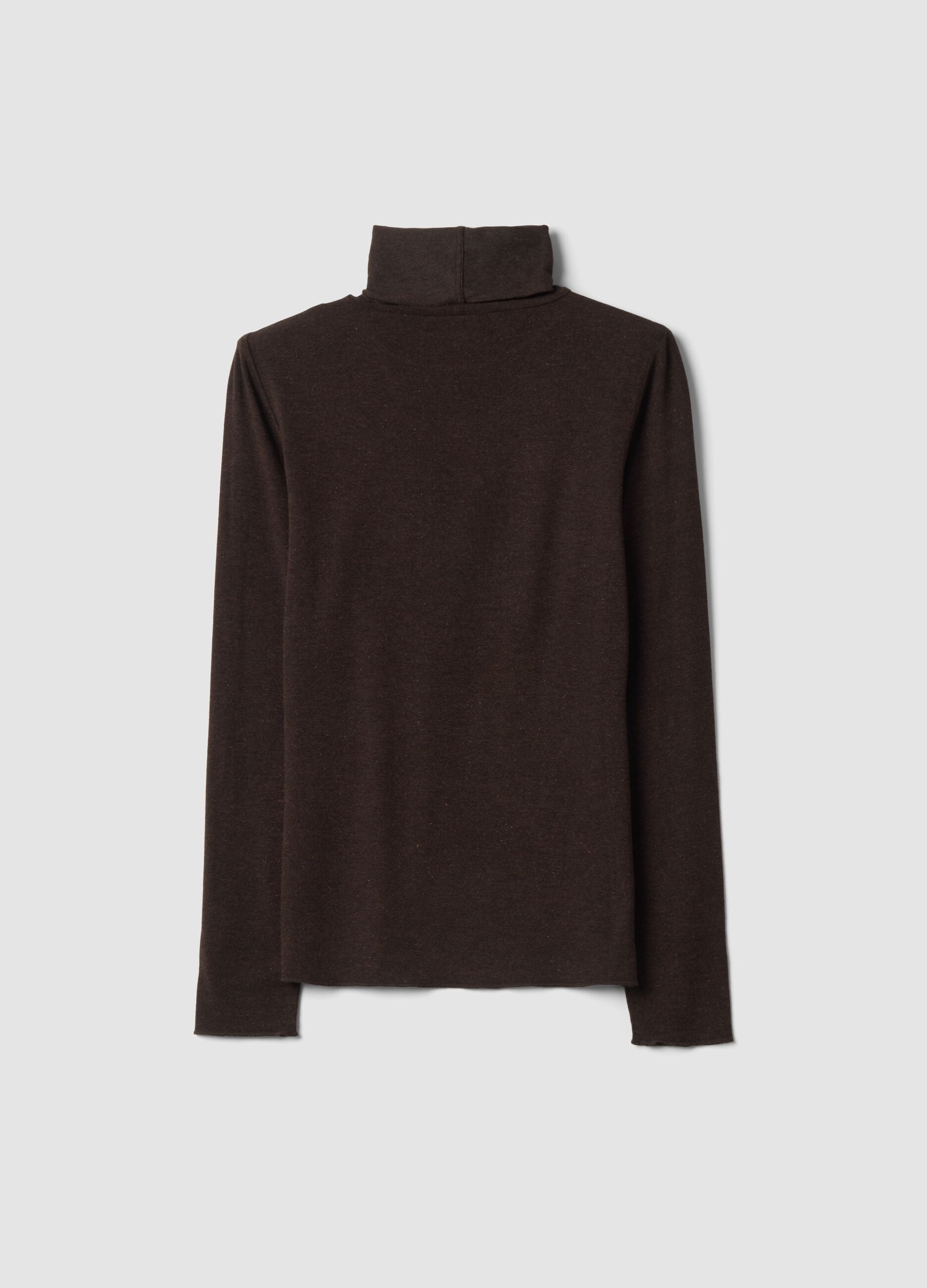 T-shirt marrone in modal e lana elasticizzata con colletto rialzato regular fit