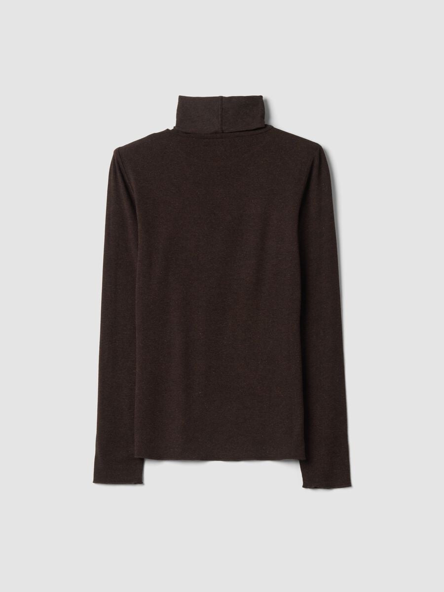 Brown stretch modal and wool T-shirt with high neck, regular fit_2
