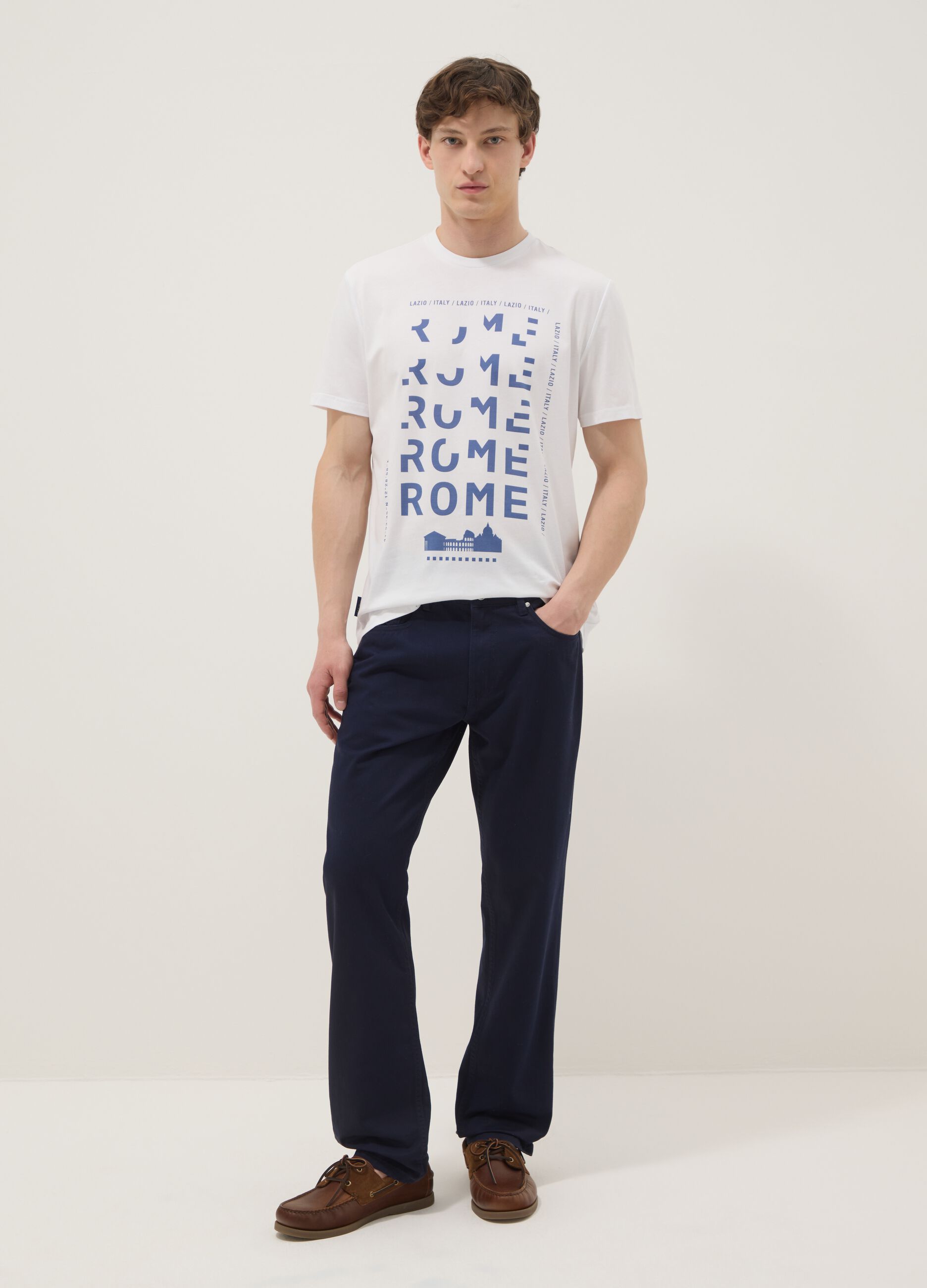 White pure cotton T-shirt with front print, regular fit