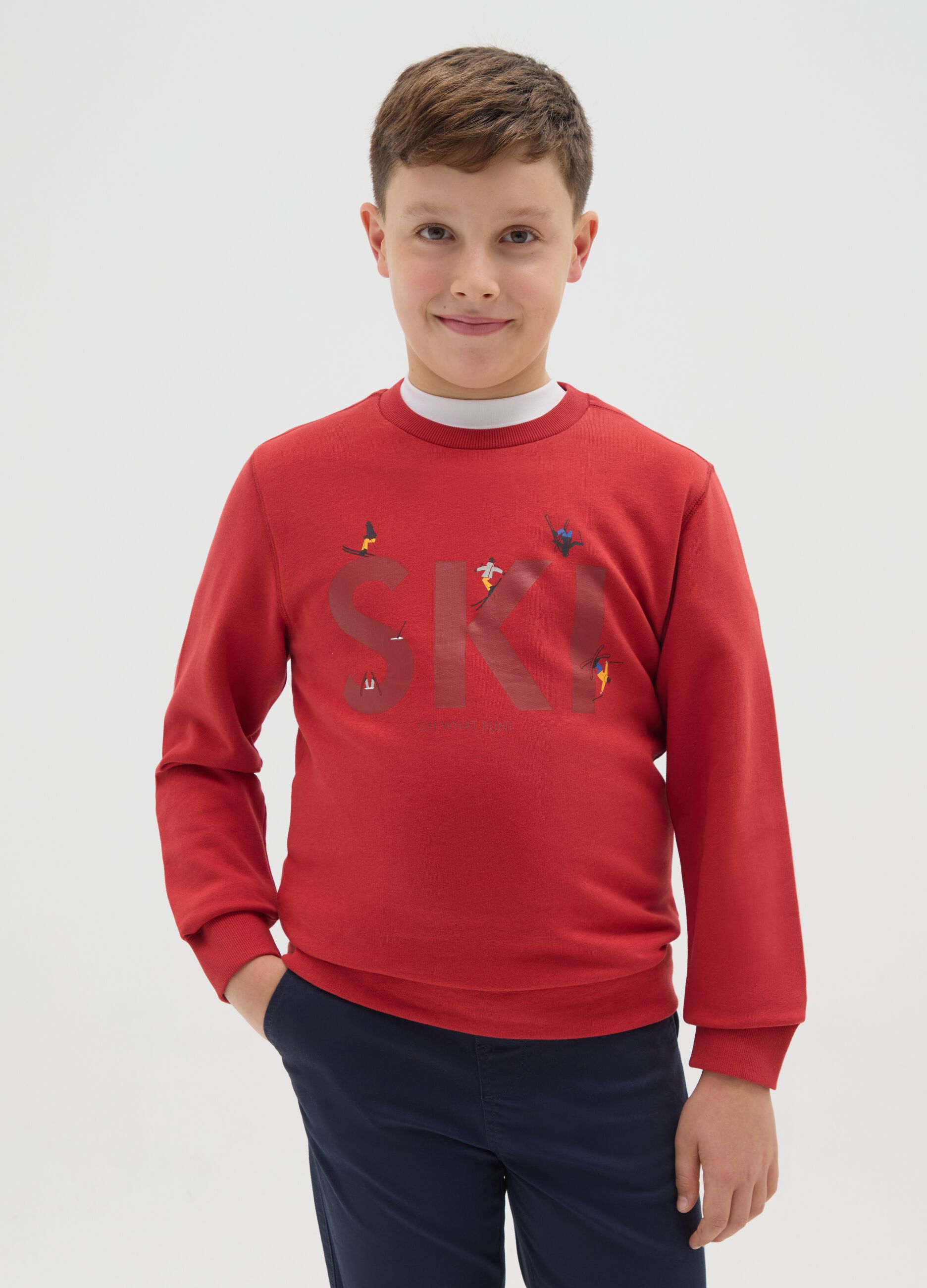 Boys' red sweatshirt in pure cotton regular fit with print