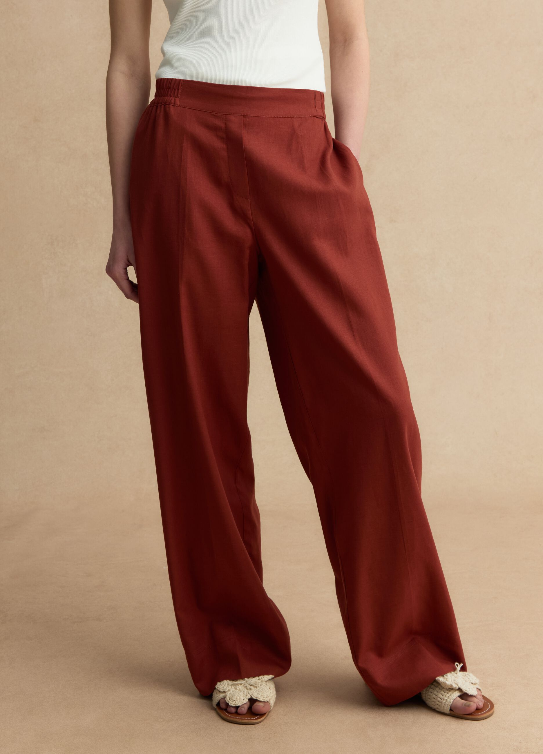 Red wide leg linen-viscose blend trousers