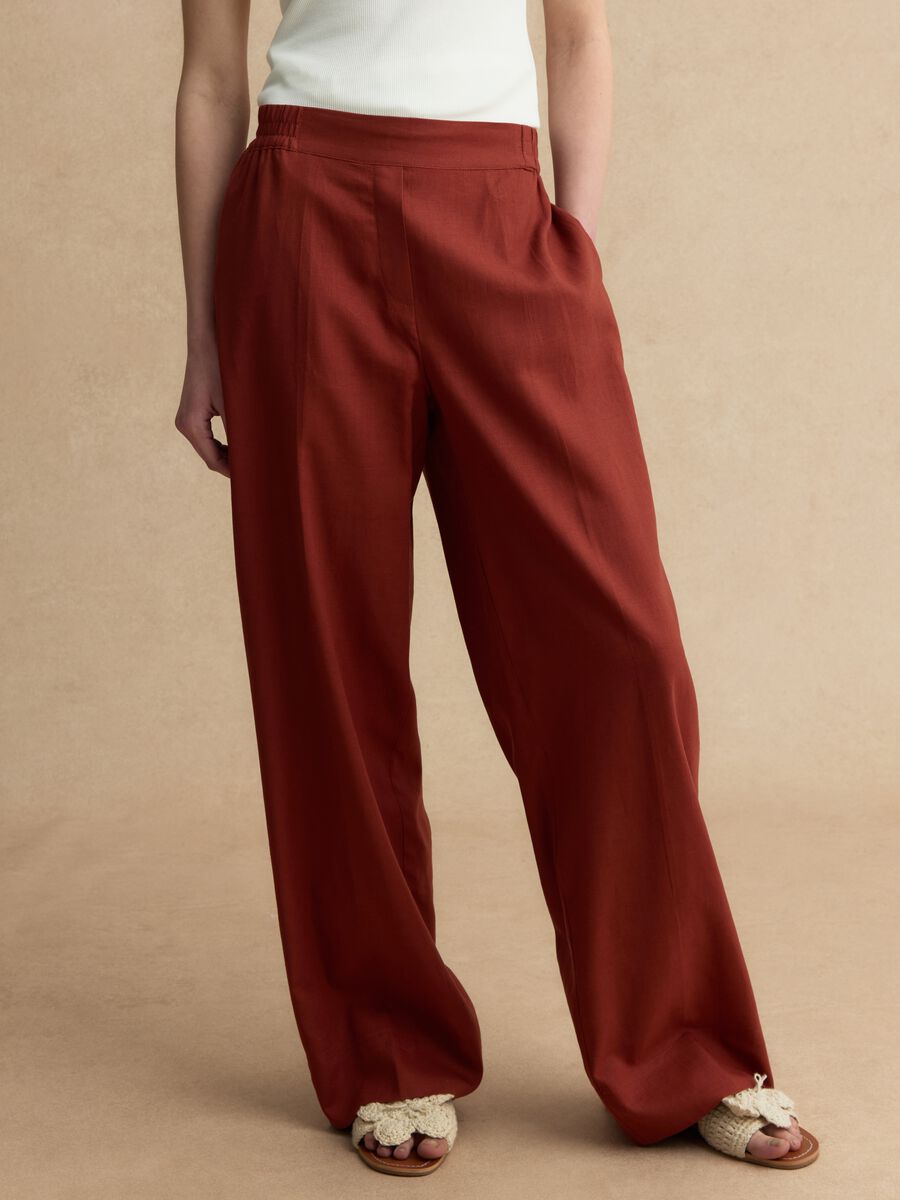 Pantaloni in misto lino e viscosa rossi wide leg_1