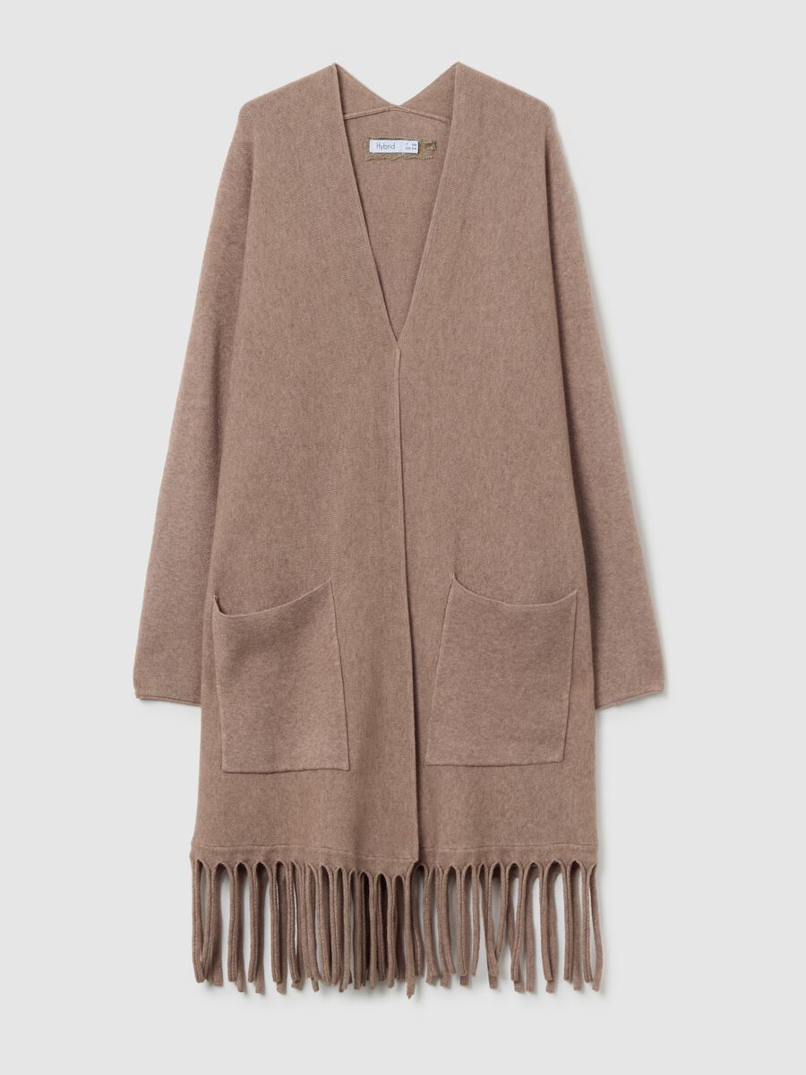 Cardigan lungo beige con frange sul fondo_4