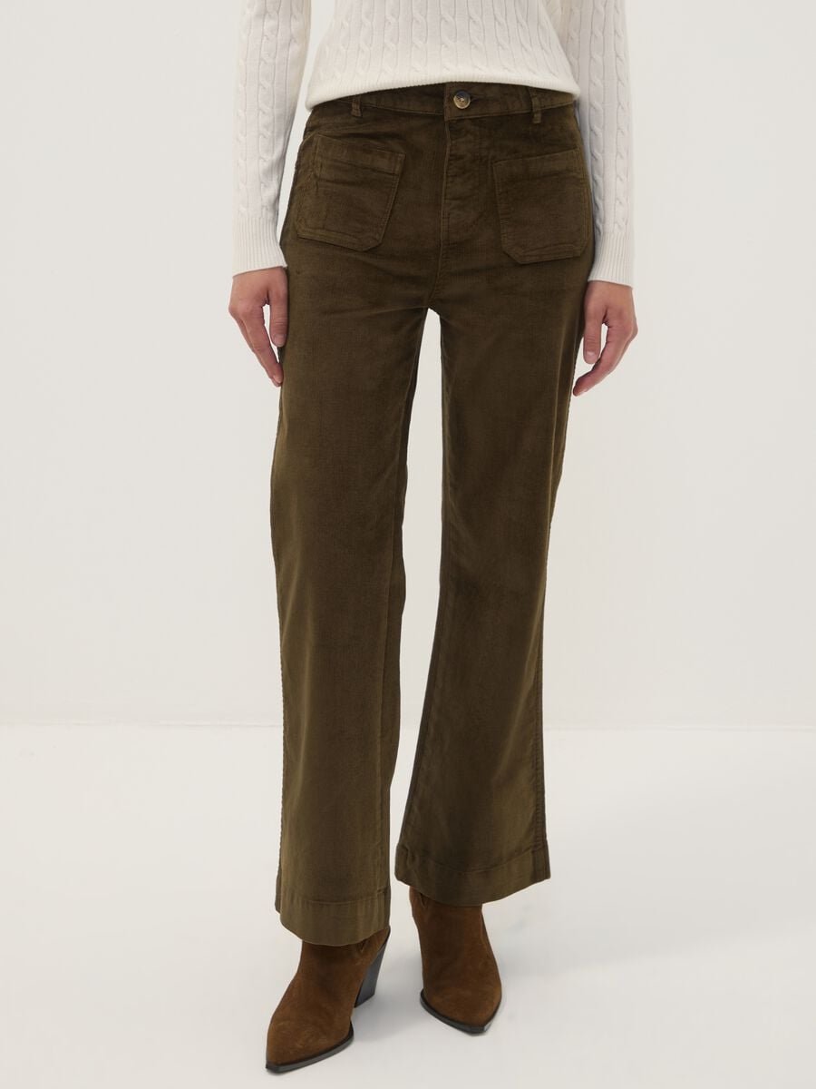 Green flared ribbed stretch cotton and modal trousers_1