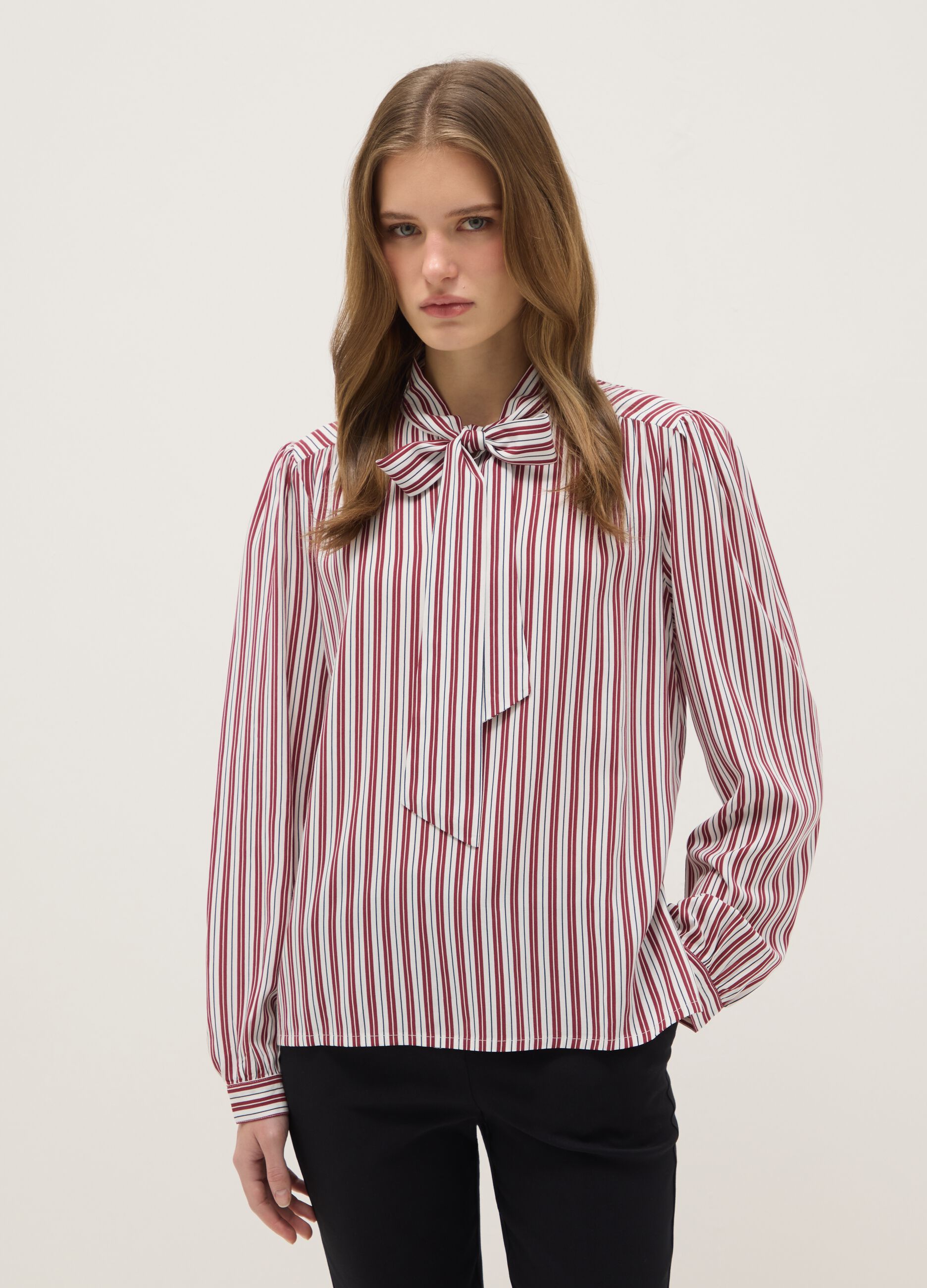 Regular red shirt with stripes in pure viscose
