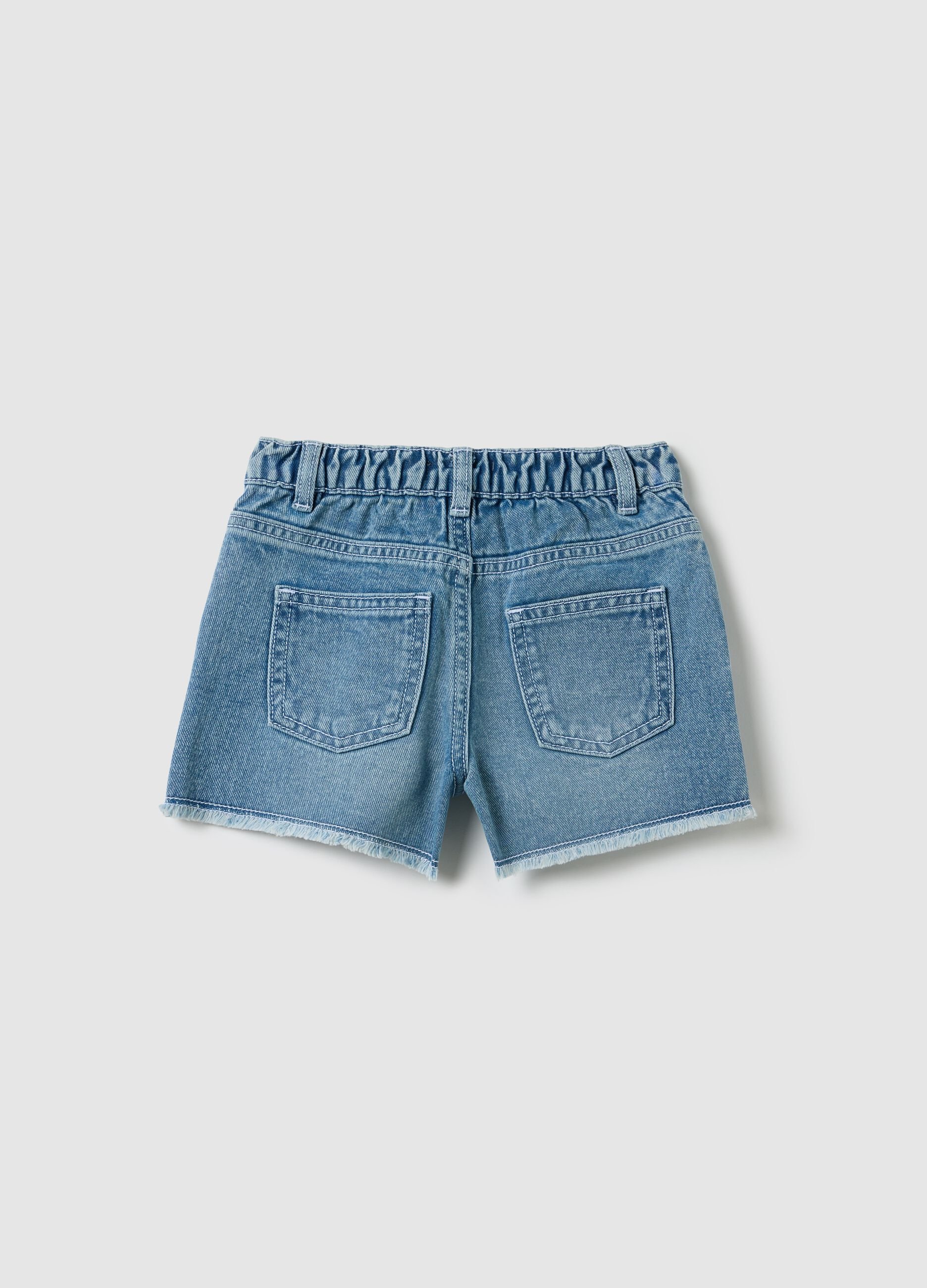 Light blue denim shorts with floral embroidery