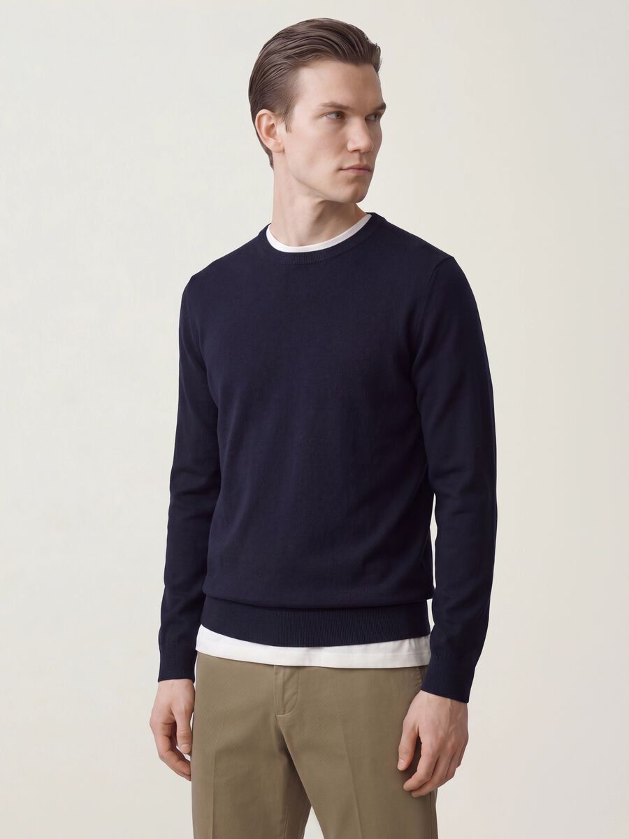 Maglia blu in misto cotone e cashmere girocollo_0