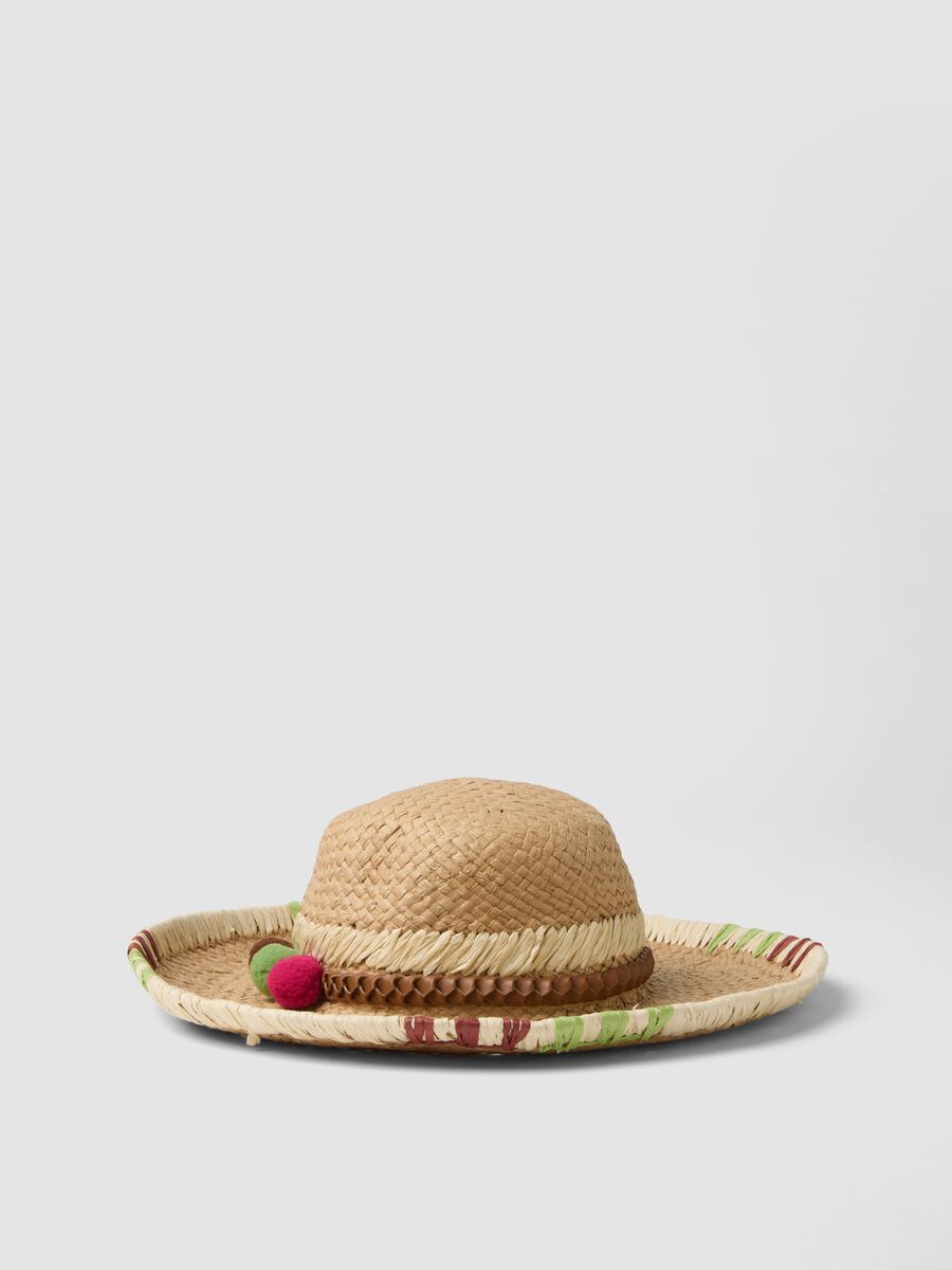 Cappello in puro tessuto carta beige con pompon colorati_0