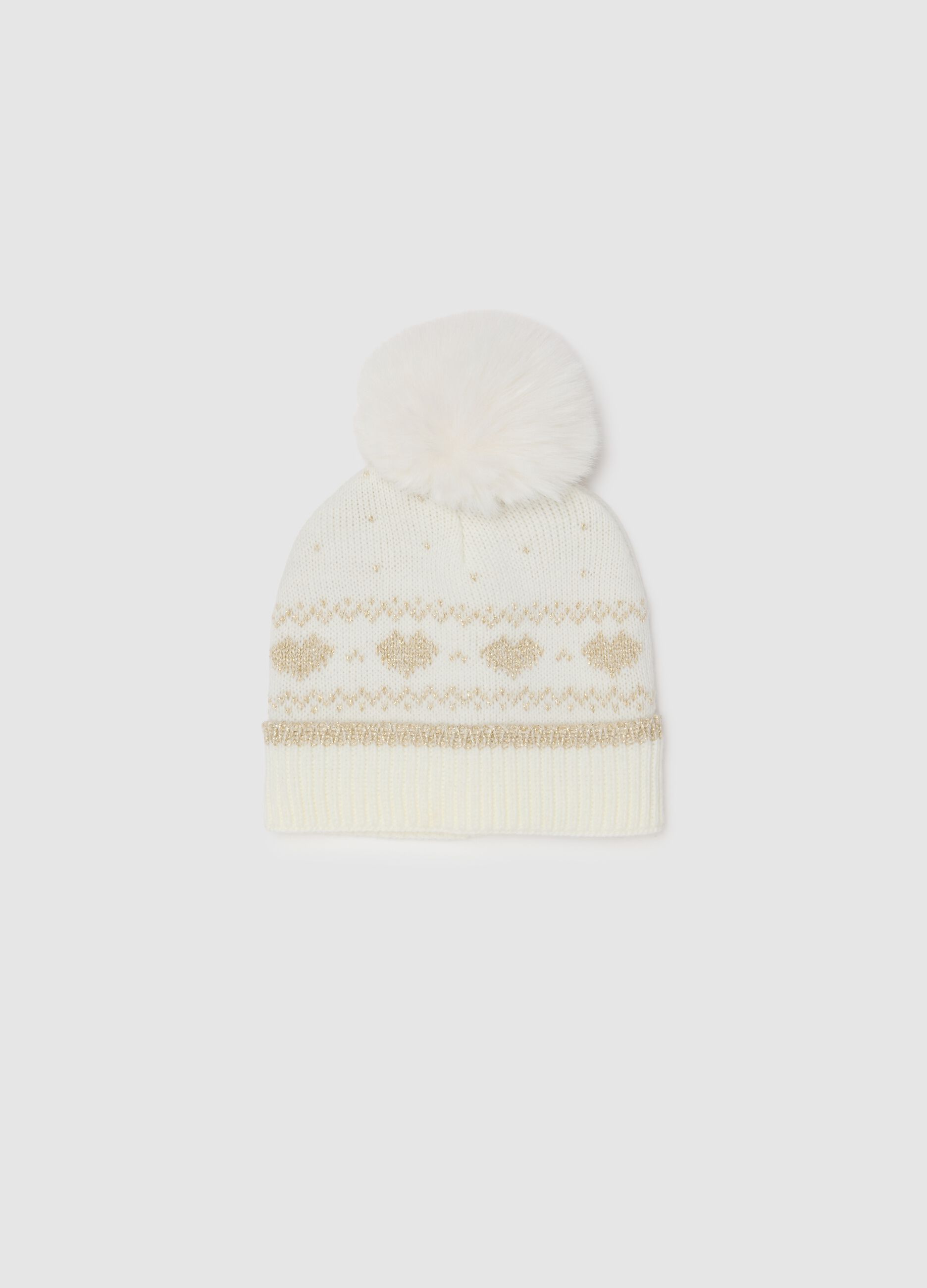 White hat with pompom and jacquard pattern