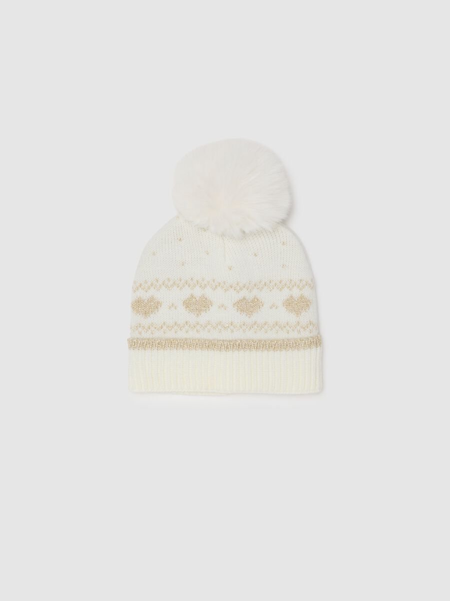 White hat with pompom and jacquard pattern_0