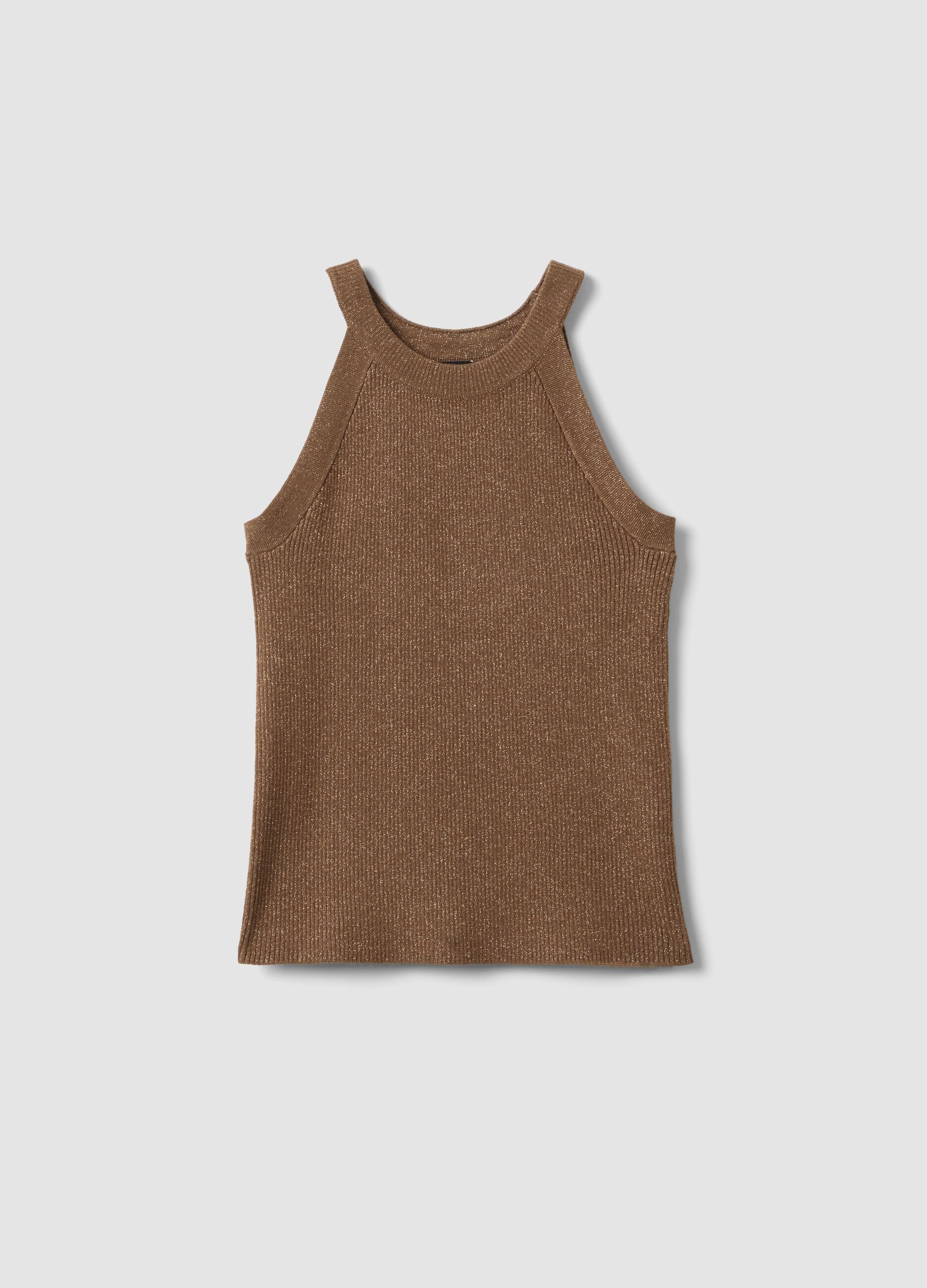 Brown viscose blend fitted tank top