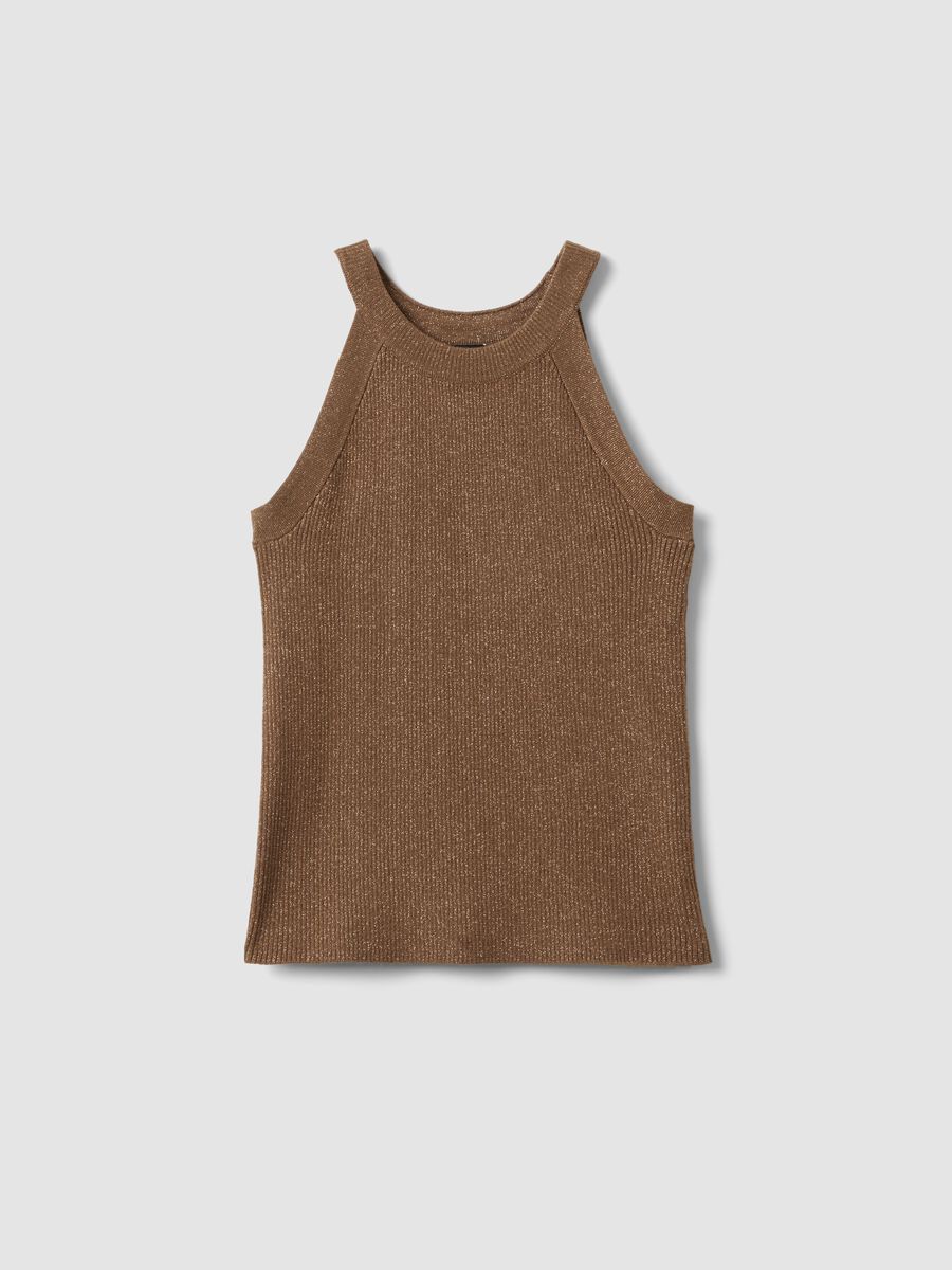 Brown viscose blend fitted tank top_0