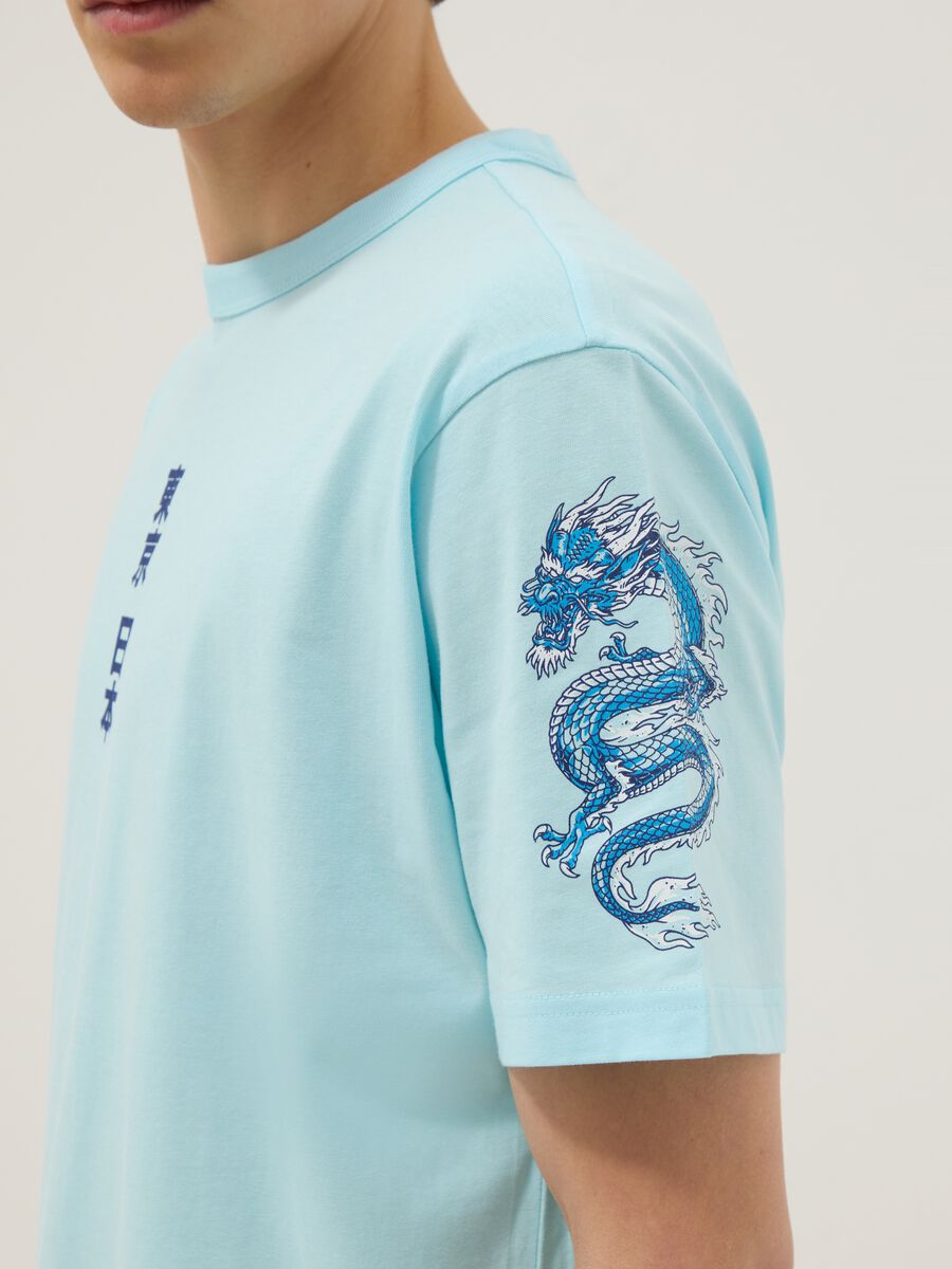 Blue pure cotton regular fit T-shirt with Japanese prints_3