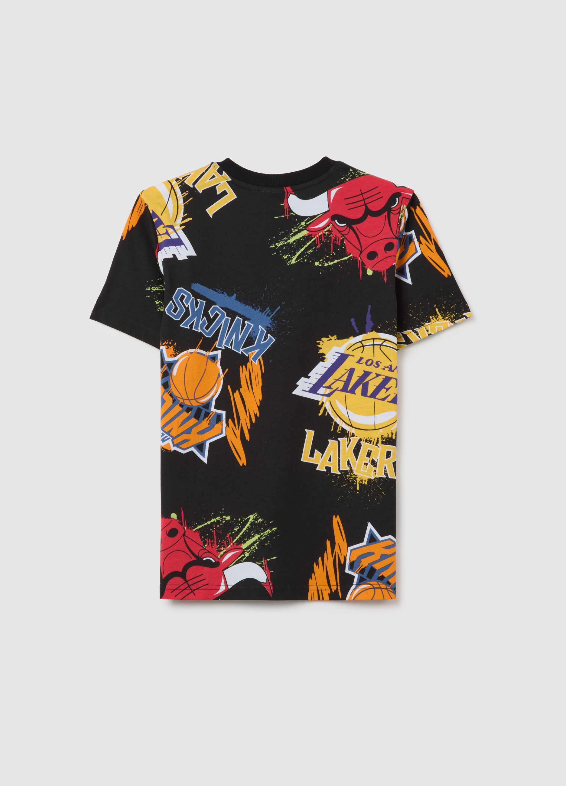 Boys' black pure cotton T-shirt, regular fit with basketball print