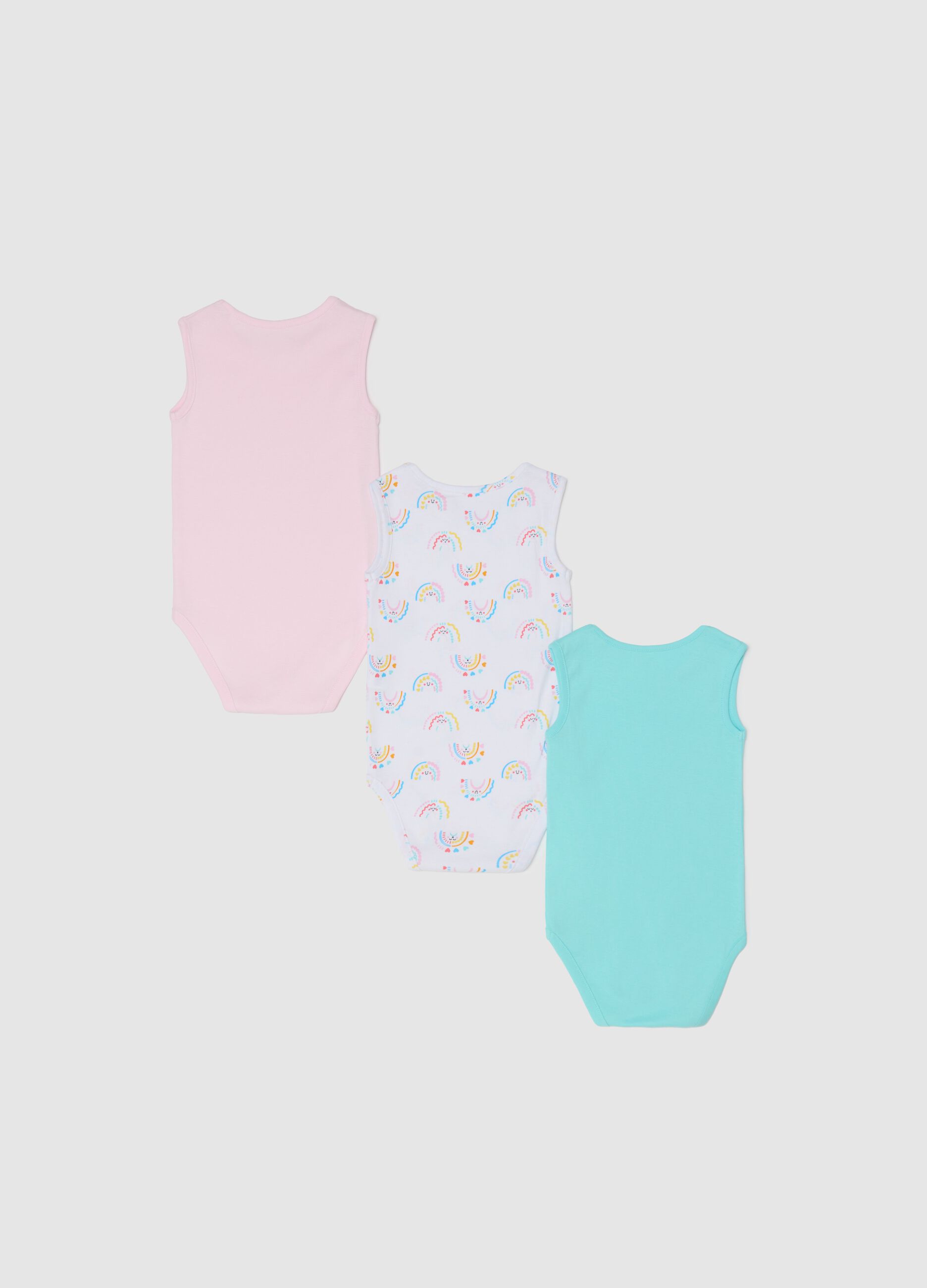 Tripack body smanicati in cotone bio con stampa rosa verde