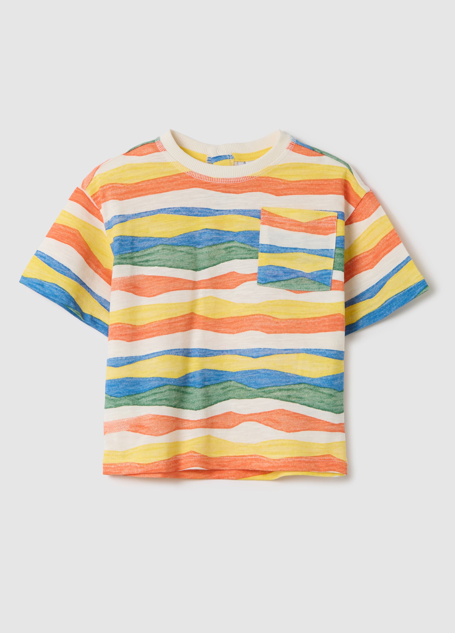 T-shirt blu e gialla in cotone a righe con tasca