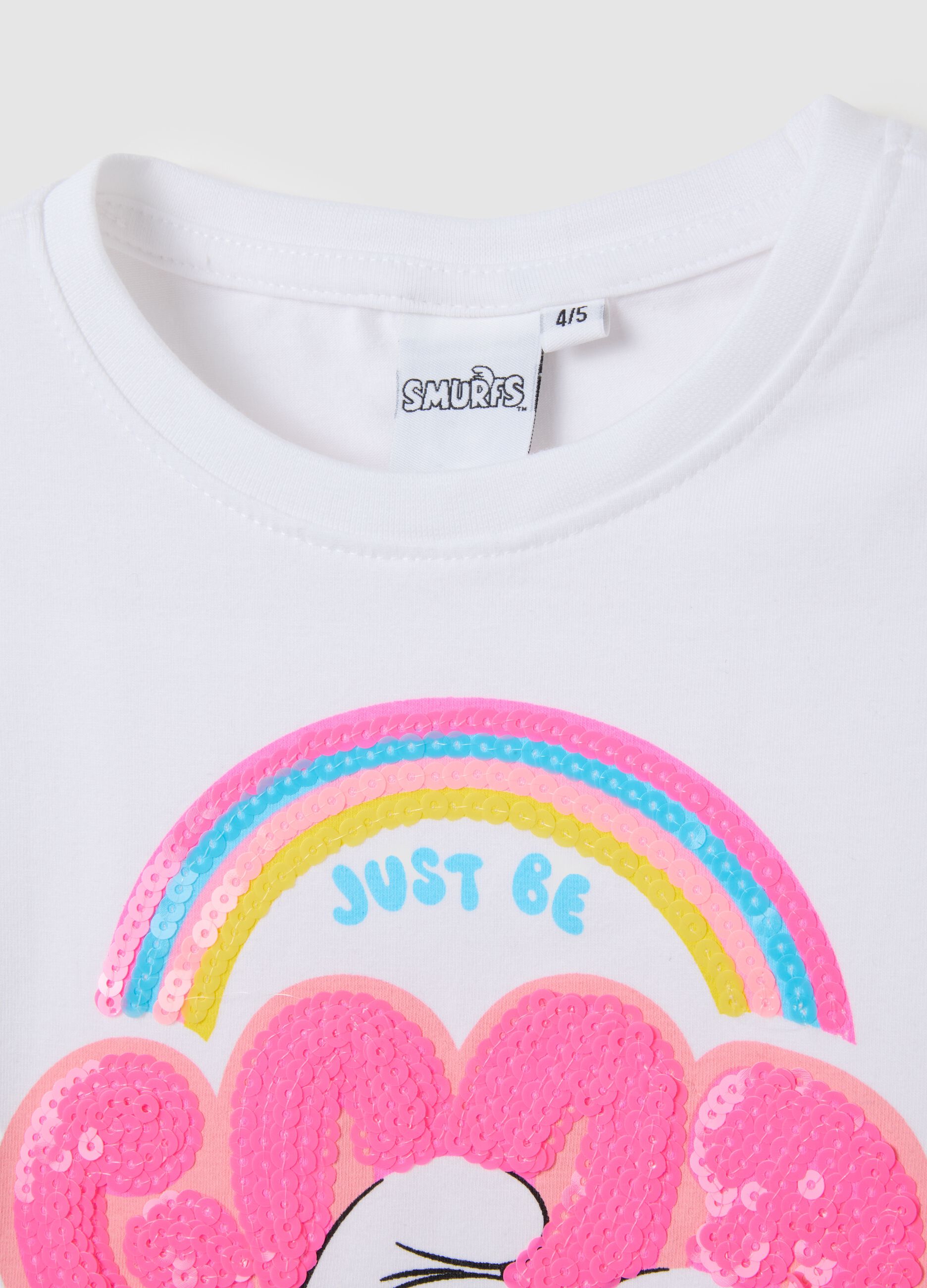 T-shirt da bambina in cotone elasticizzato bianca con stampa Puffi