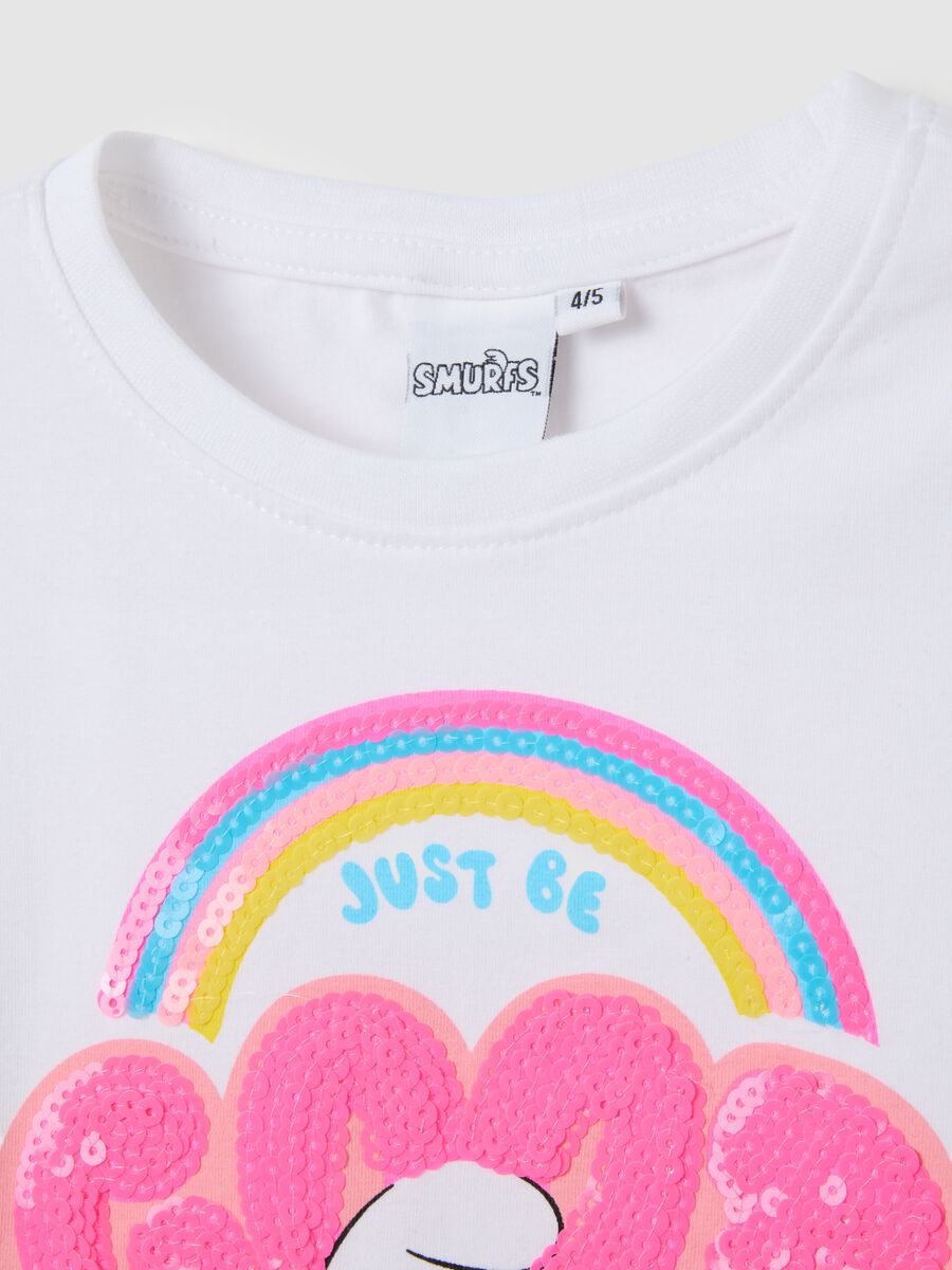 Girls' white stretch cotton t-shirt with Smurfs print_2