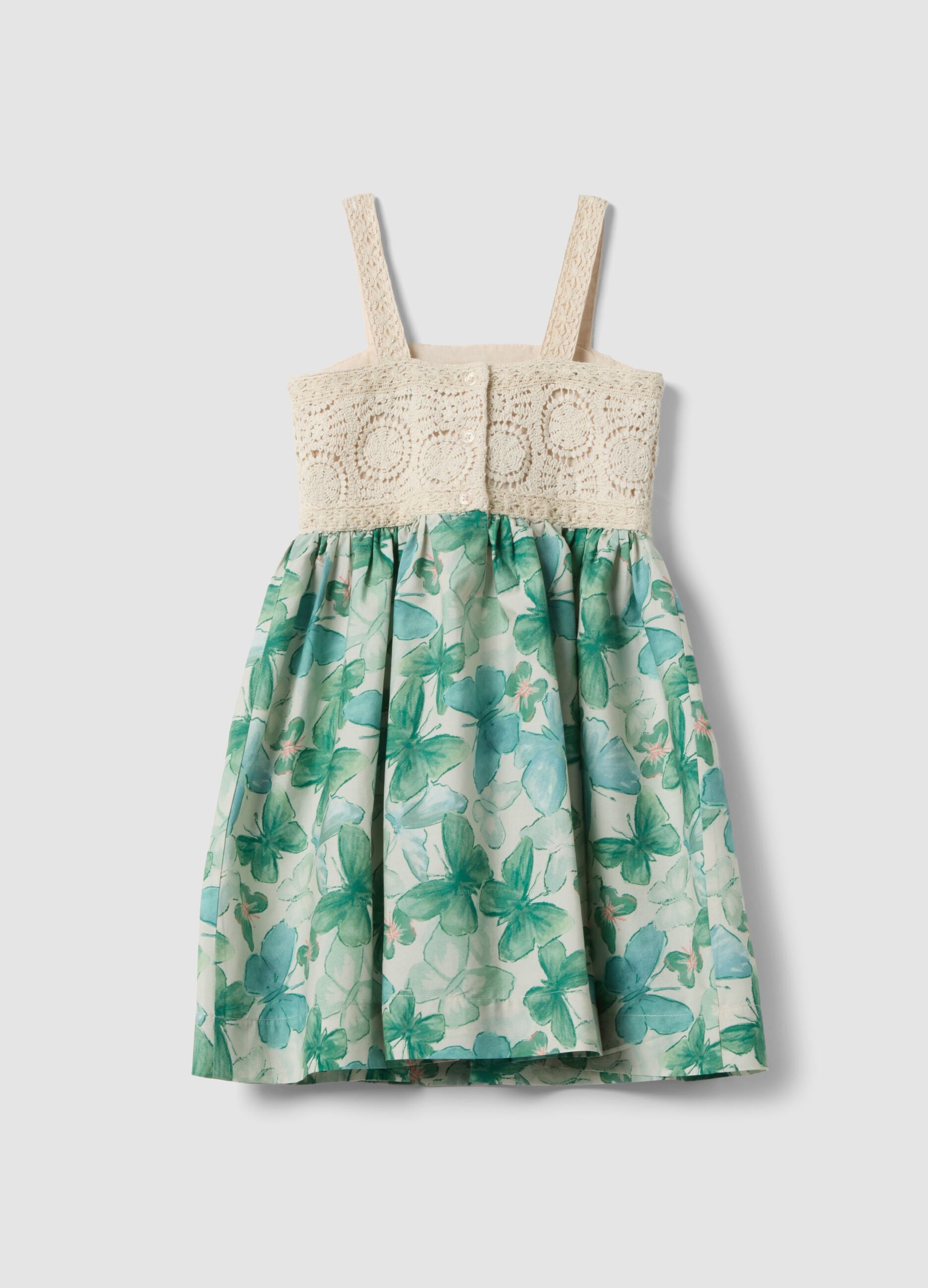 Abito con dettagli in crochet e stampa floreale in puro cotone