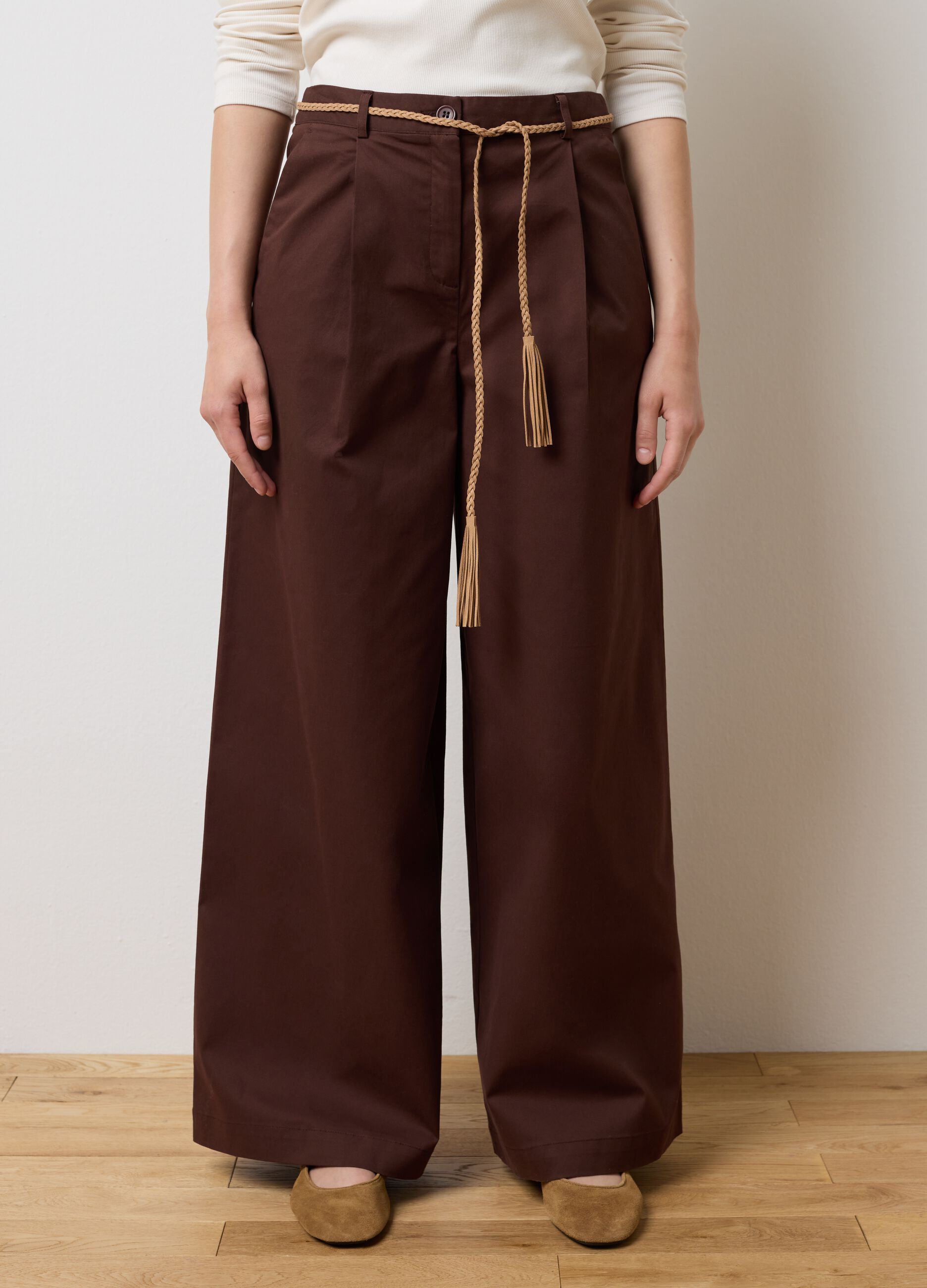 Brown stretch cotton wide leg trousers