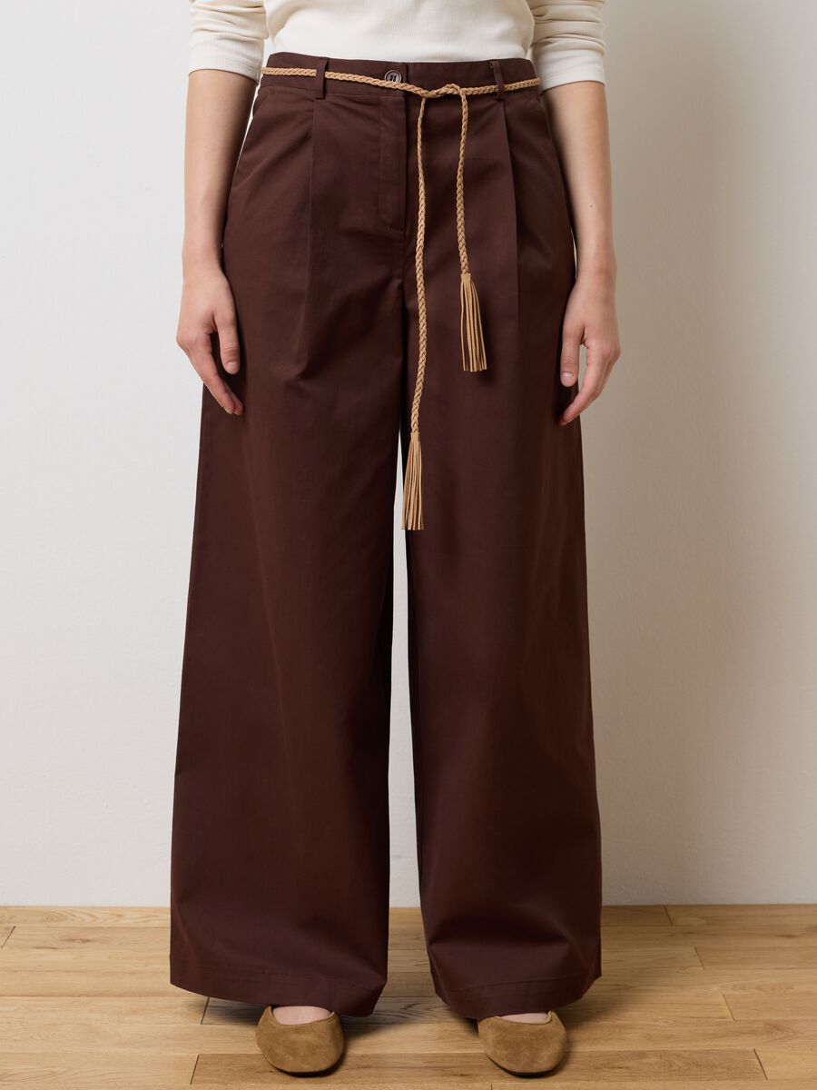 Brown stretch cotton wide leg trousers_1