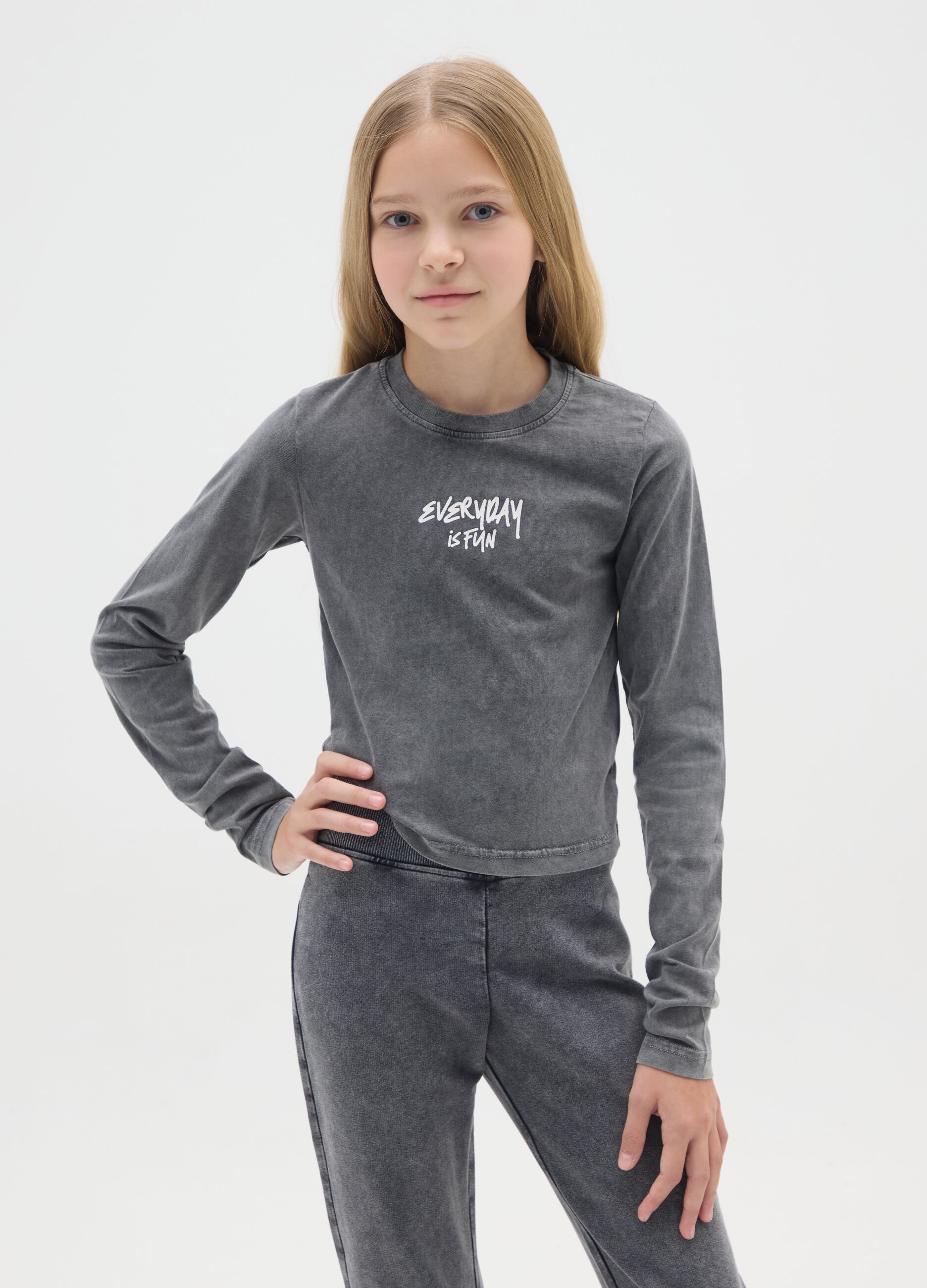 Girls' grey regular fit stretch cotton t-shirt