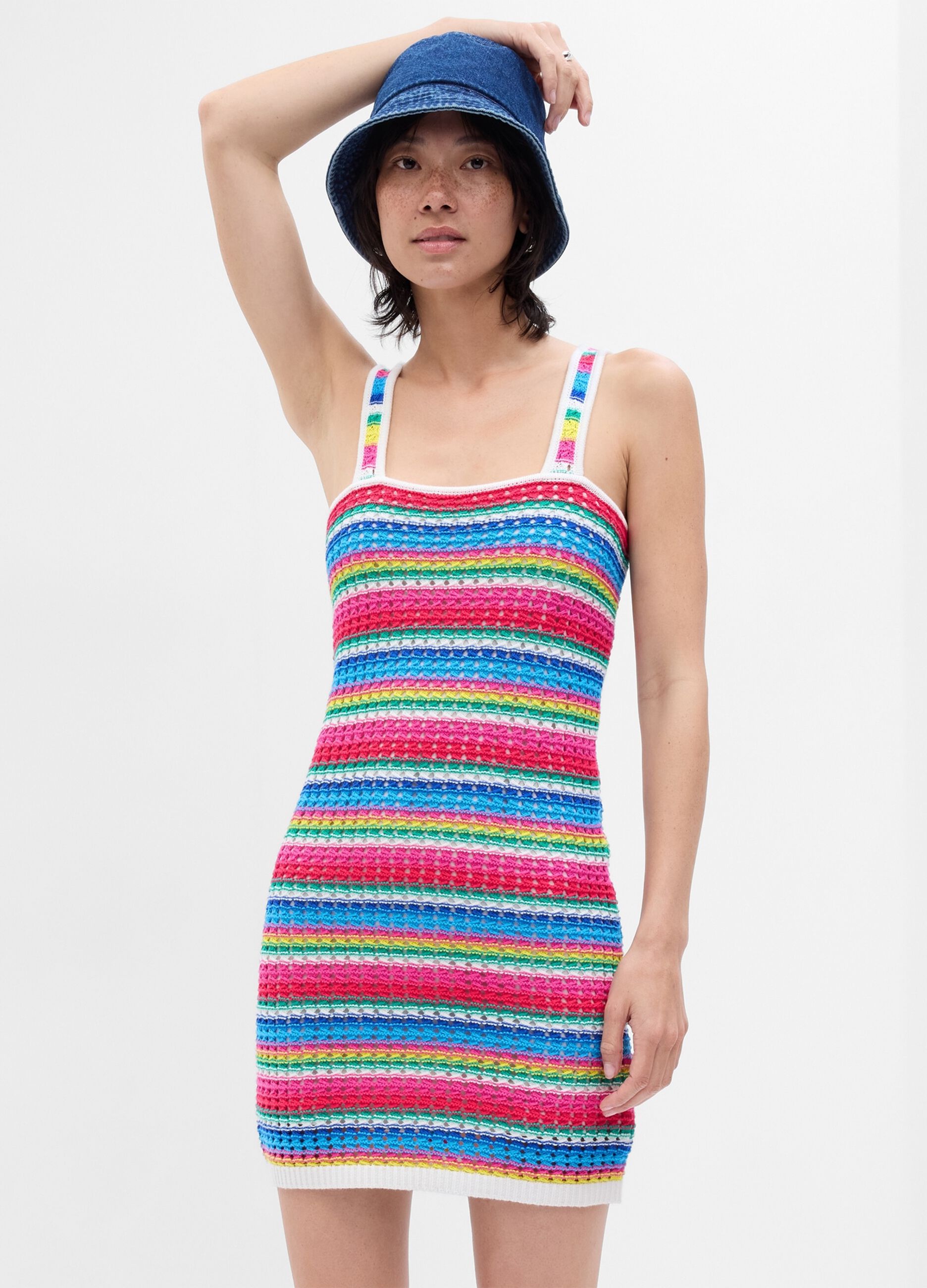 Short crochet dress with multicoloured stripes