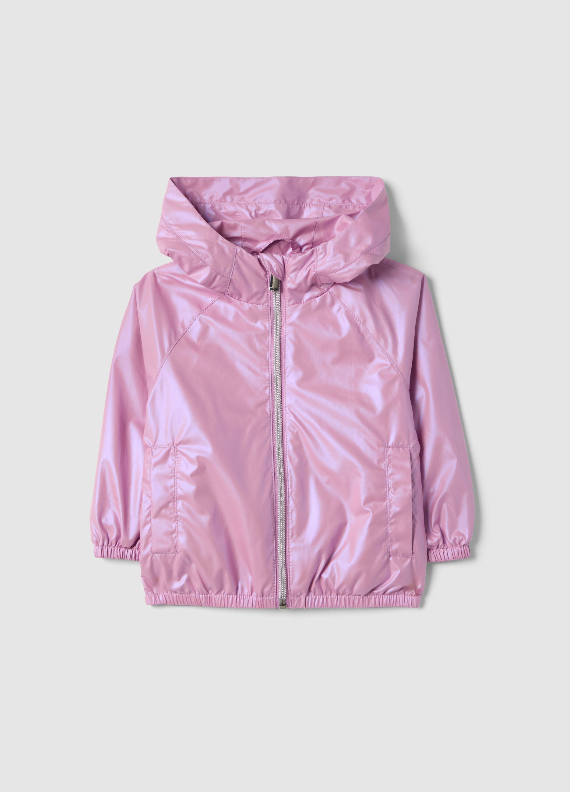 Pink waterproof girl's jacket regular fit with zip and hood