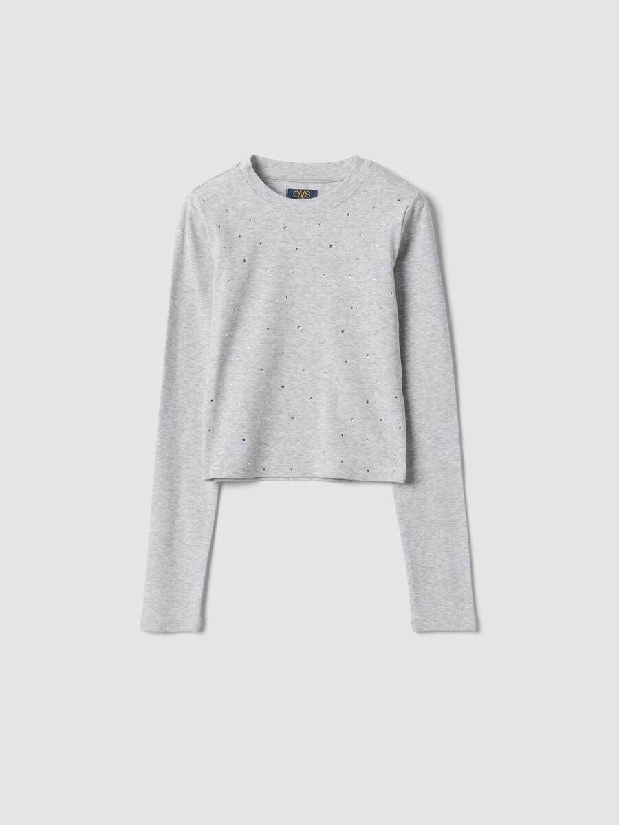 T-shirt grigia in cotone organico e viscosa elasticizzata con strass_3