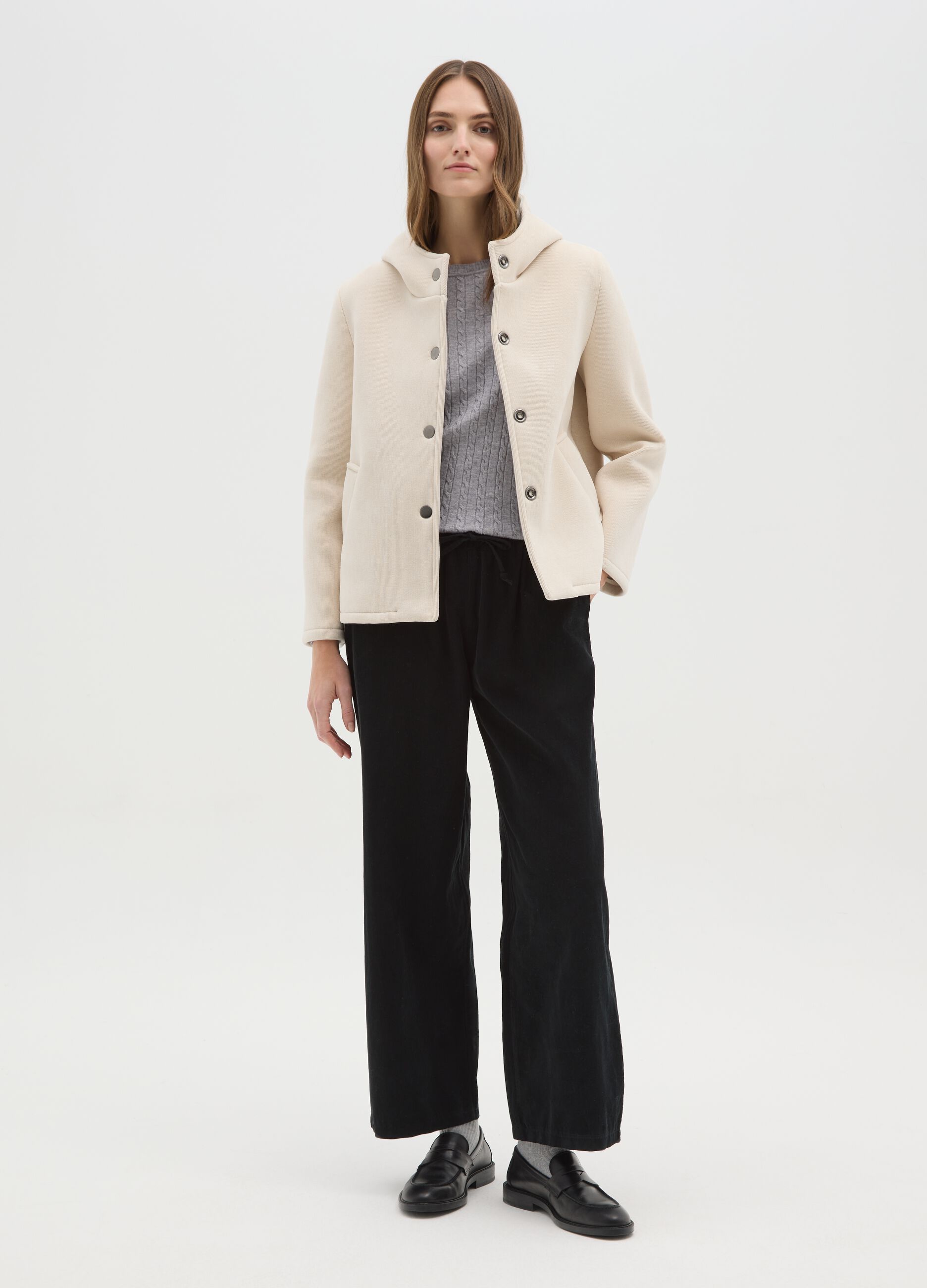 Beige ribbed fabric jacket with hood